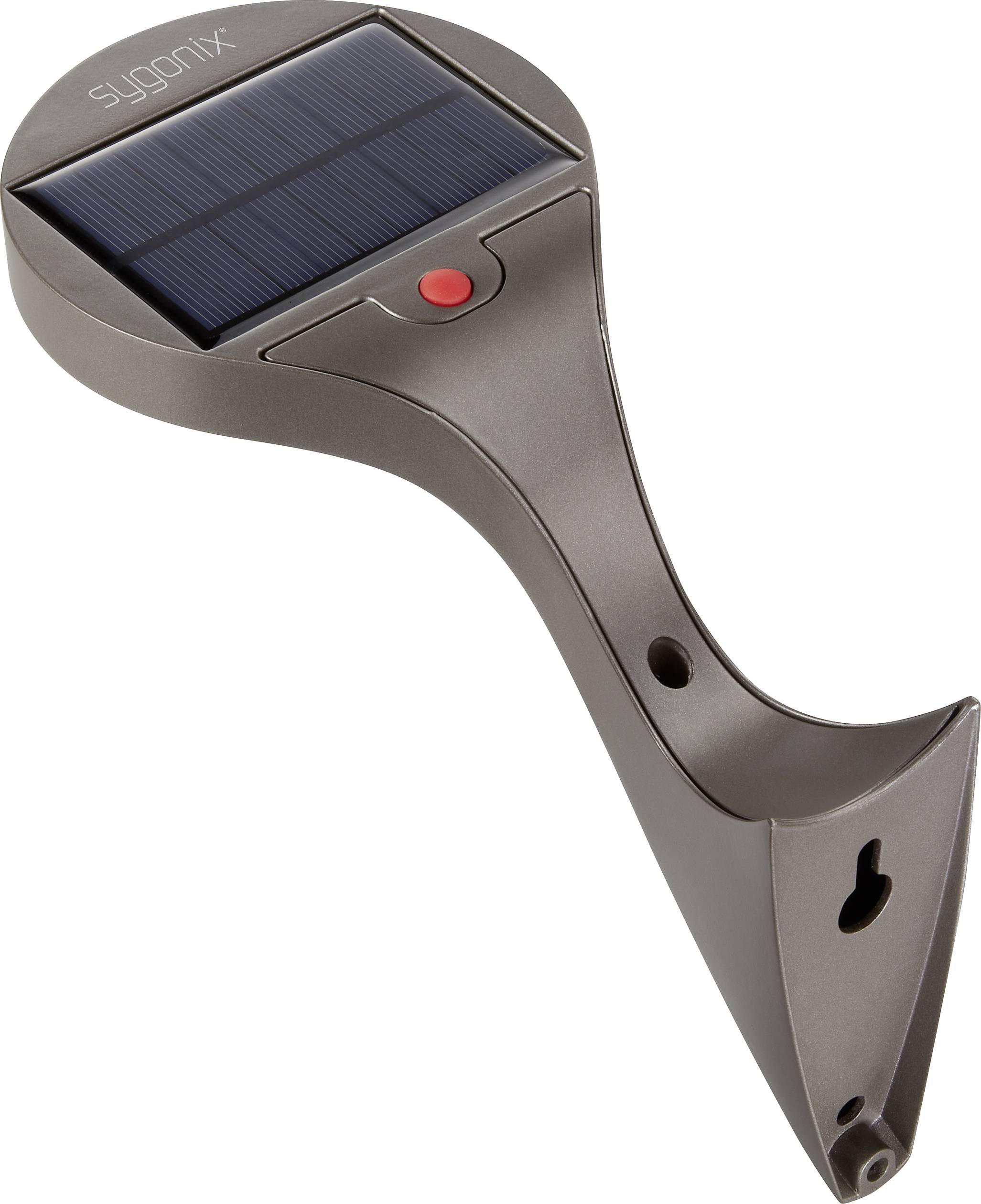 Eine graue Wandleuchte mit eingebautem Solarmodul und rotem Knopf, geeignet zur Befestigung an Außenwänden.