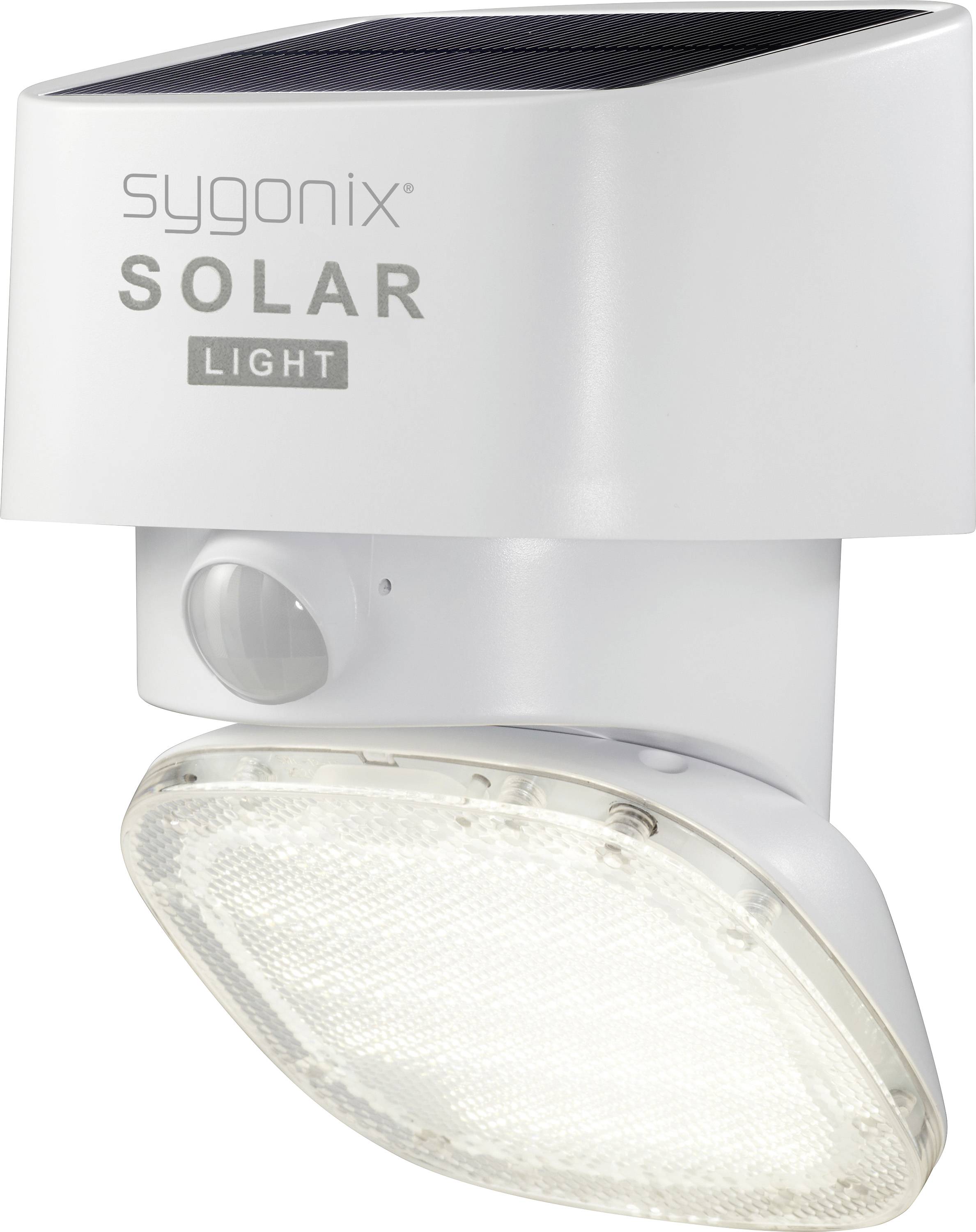 Weiße Solarleuchte mit Bewegungssensor und LED-Licht, geeignet für Außenbereiche, mit der Marke 'sygonix' auf der Oberseite.