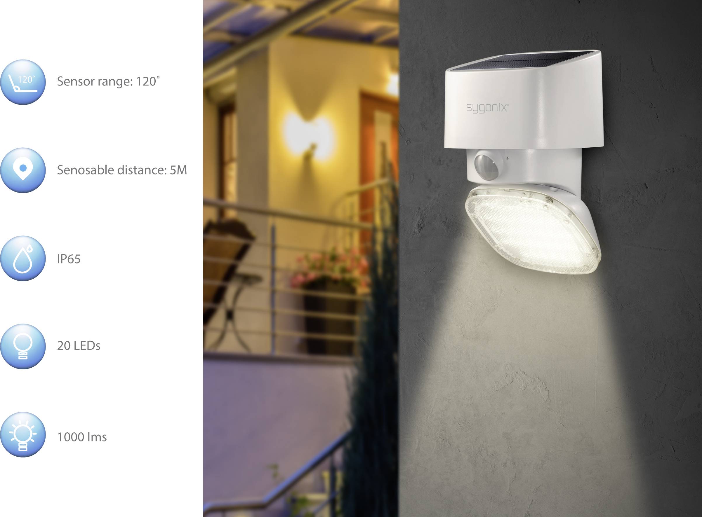 Sygonix SY-4673534 Solar-Außenwandleuchte mit Bewegungsmelder LED LED fest eingebaut 20W Weiß