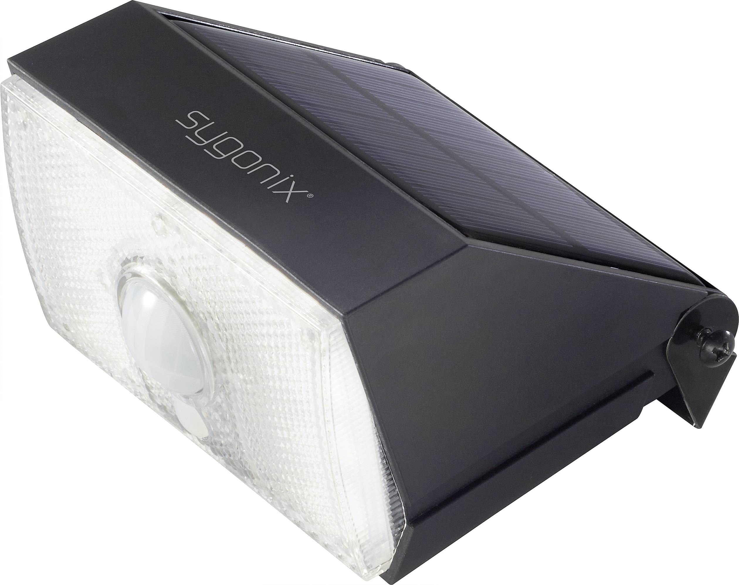Solarlampe mit schwarzem Gehäuse und integriertem Bewegungsmelder von Sygonix, geeignet für den Außenbereich.