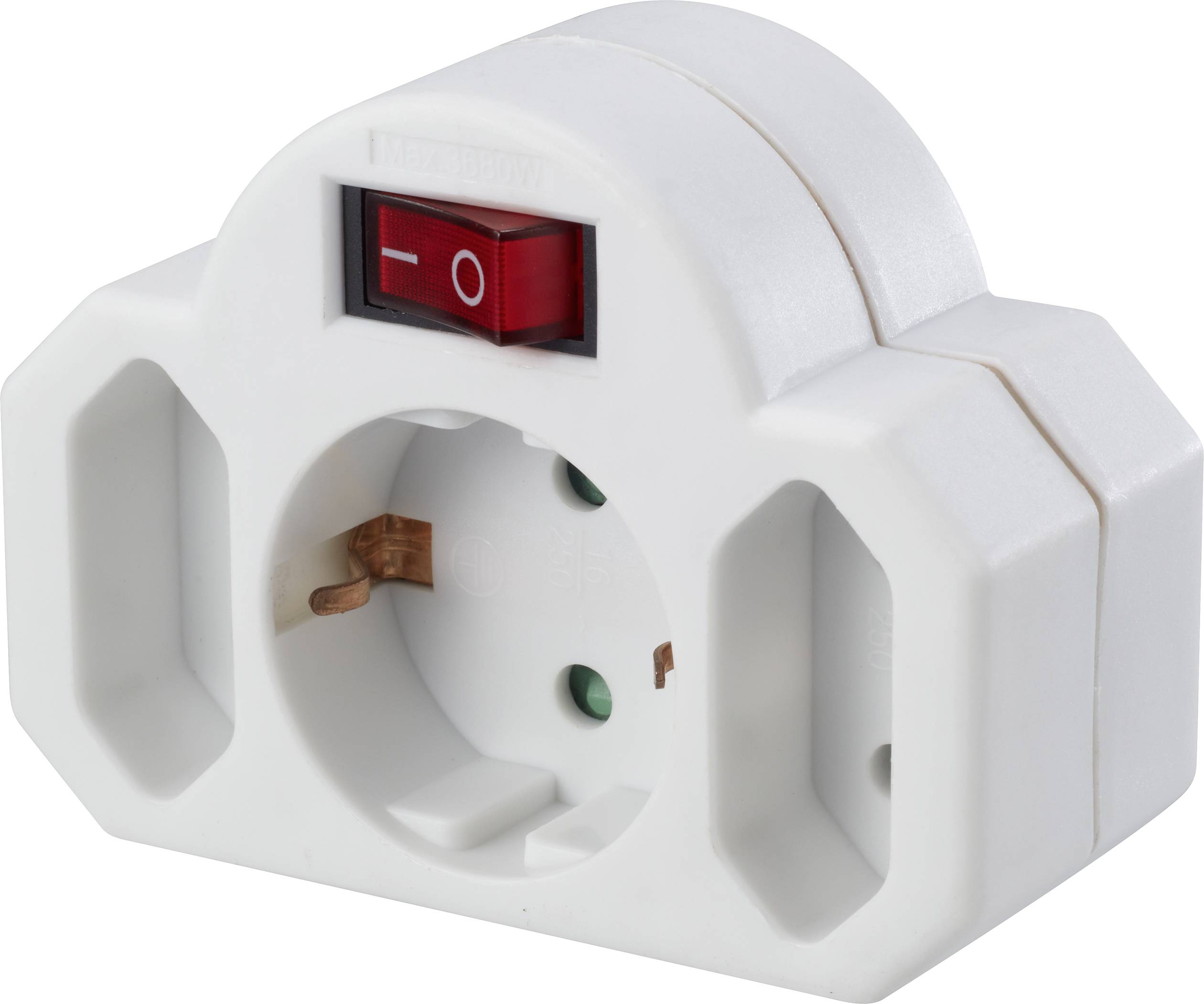 Weiße Steckdose mit rotem Ein/Aus-Schalter, geeignet für mehrere Steckerformen. Ideal für Haushaltsgebrauch und Energiesparmaßnahmen.