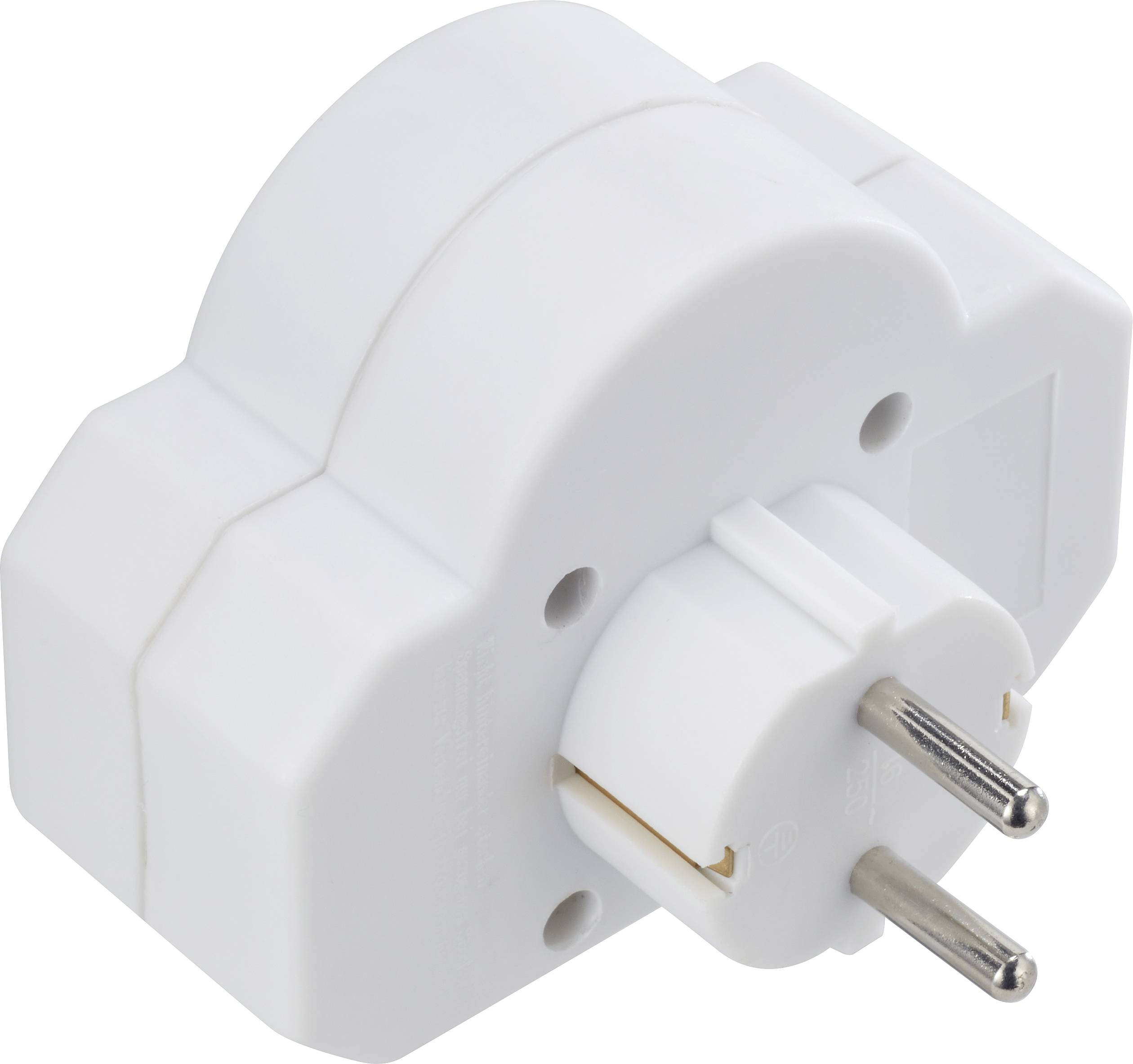 Ein weißer Steckdosenadapter mit zwei Metallstiften zum Einstecken in eine Steckdose, geeignet zum Erweitern eines Stromanschlusses.