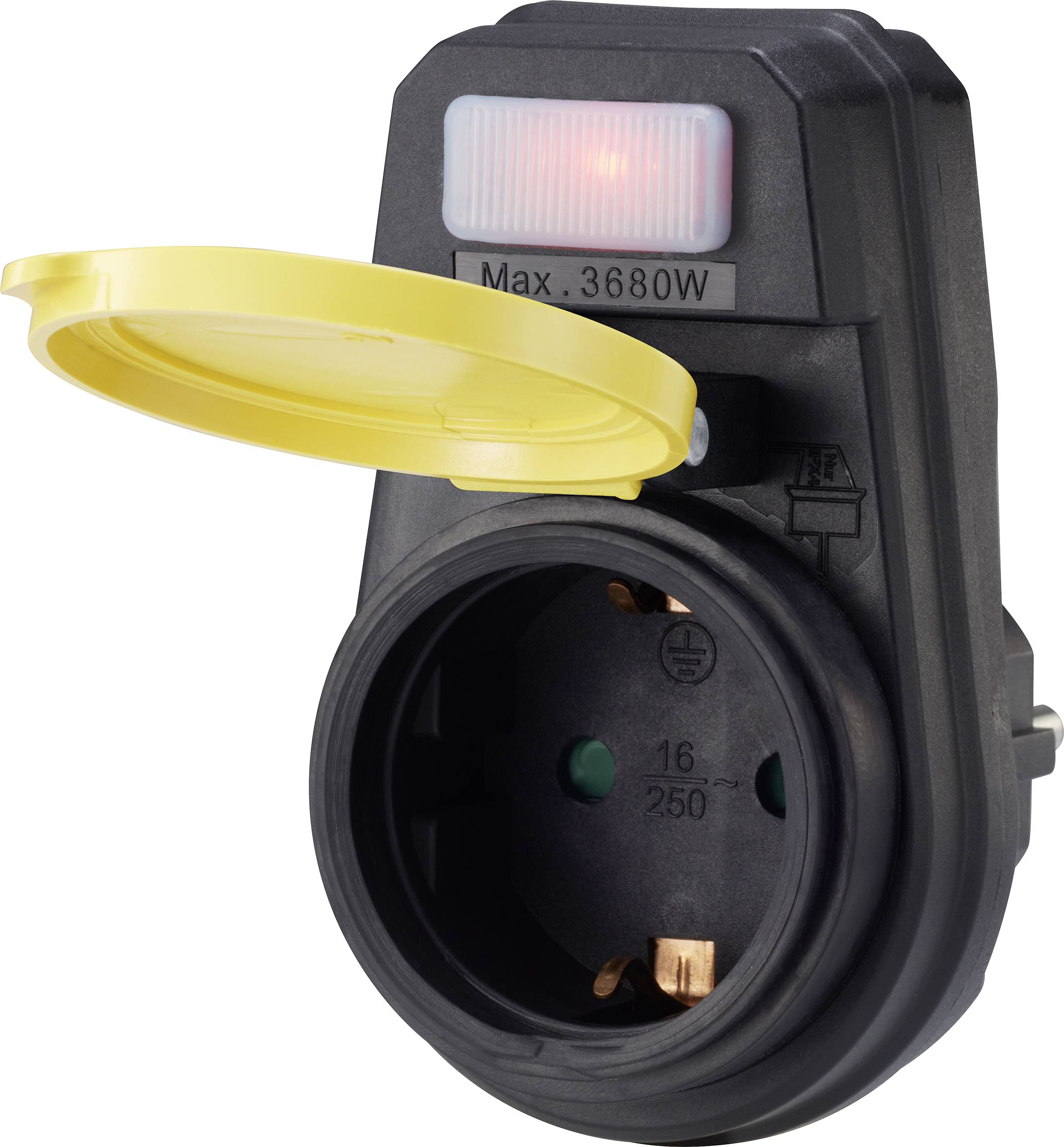 Schwarze Schutzkontaktsteckdose mit gelber Abdeckung, geeignet für maximal 3680 Watt.