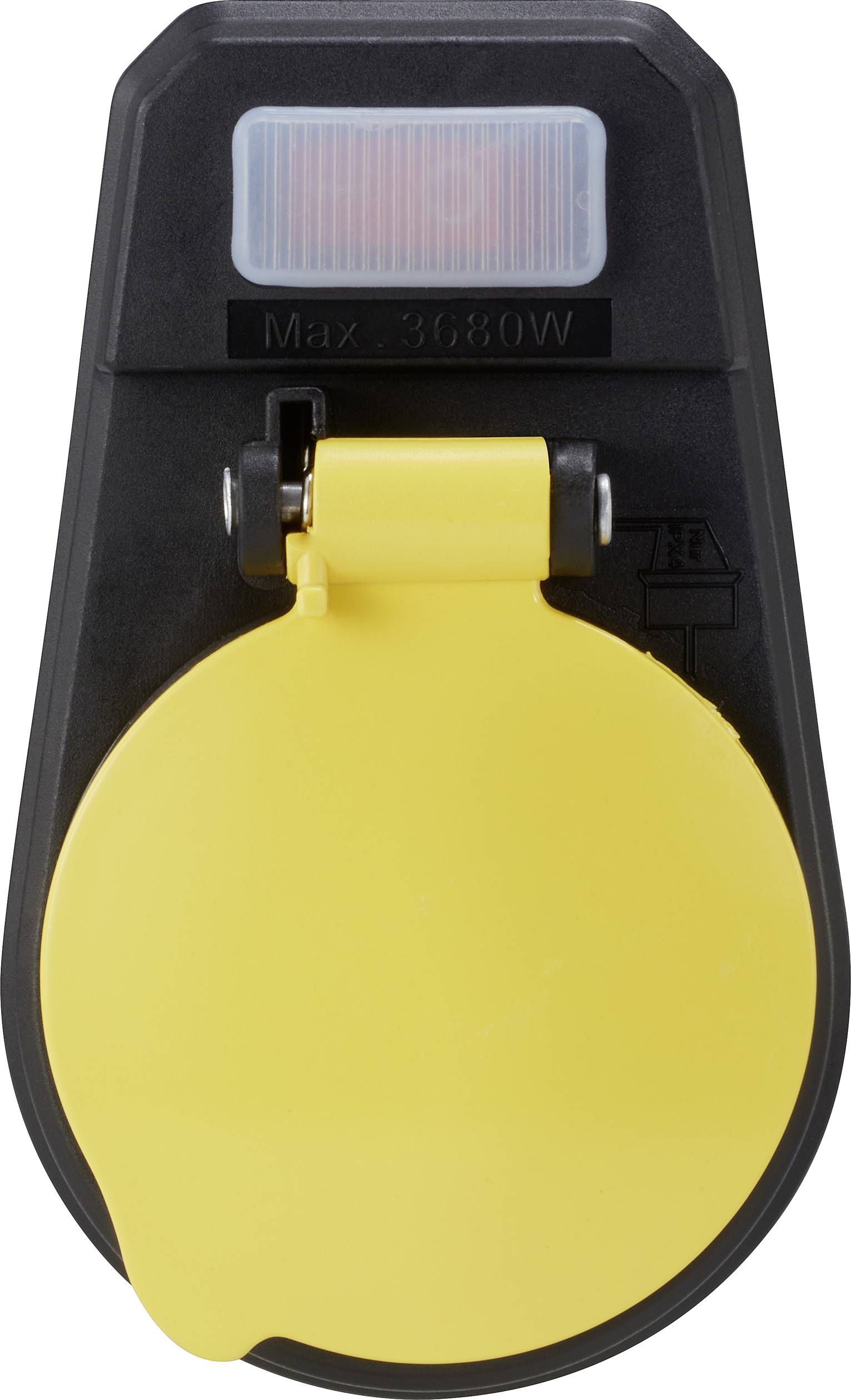 Ein gelber Steckdosenadapter mit einer Abdeckung und der Aufschrift 'Max 3680W' auf schwarzem Gehäuse.