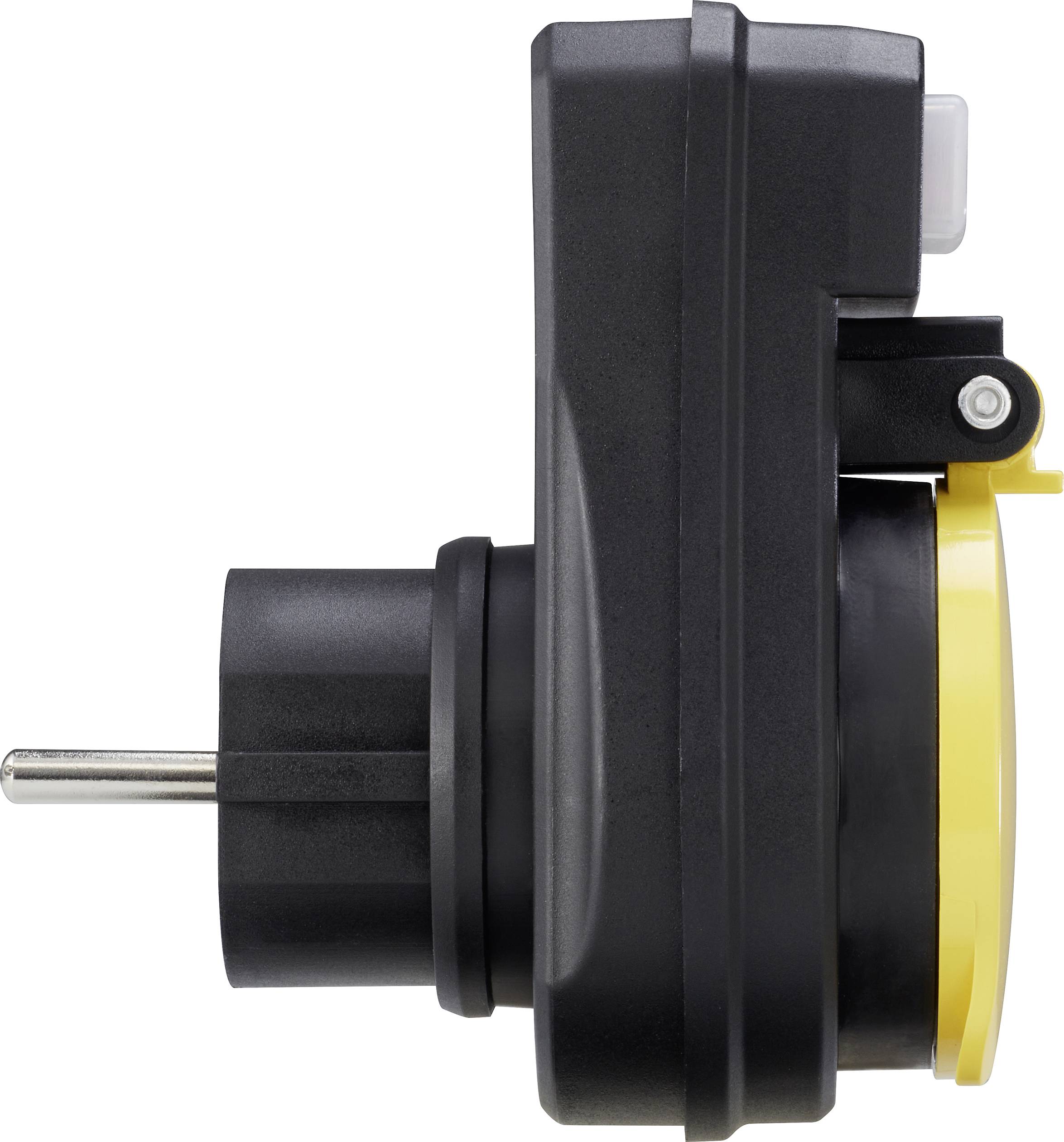 Ein schwarzer, seitlich gezeigter elektrischer Steckdosenadapter mit gelben Akzenten.