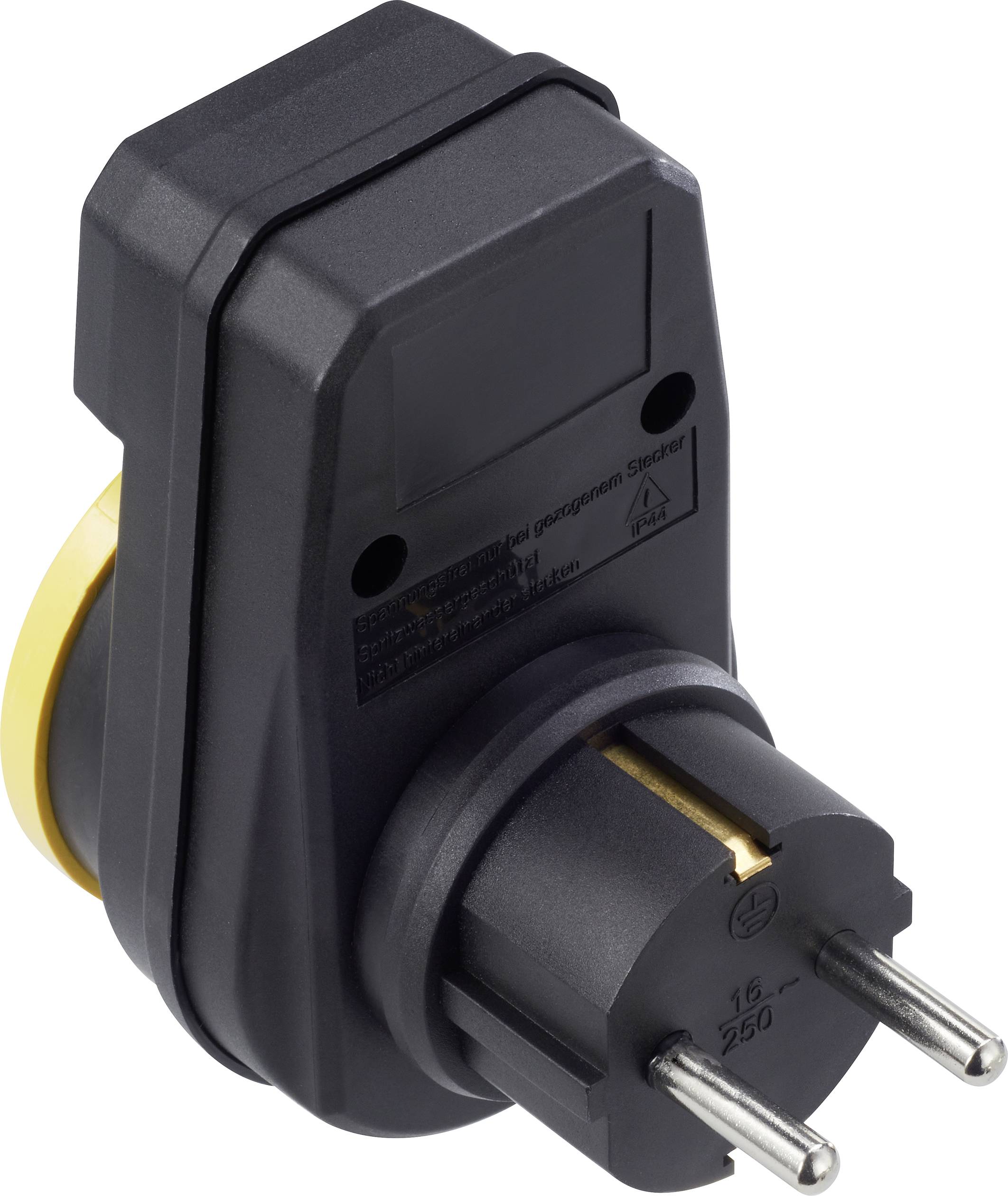Schwarzer und gelber Adapterstecker mit europäischem Steckerdesign, seitliche Ansicht. Geeignet für die Nutzung in europäischen Steckdosen.