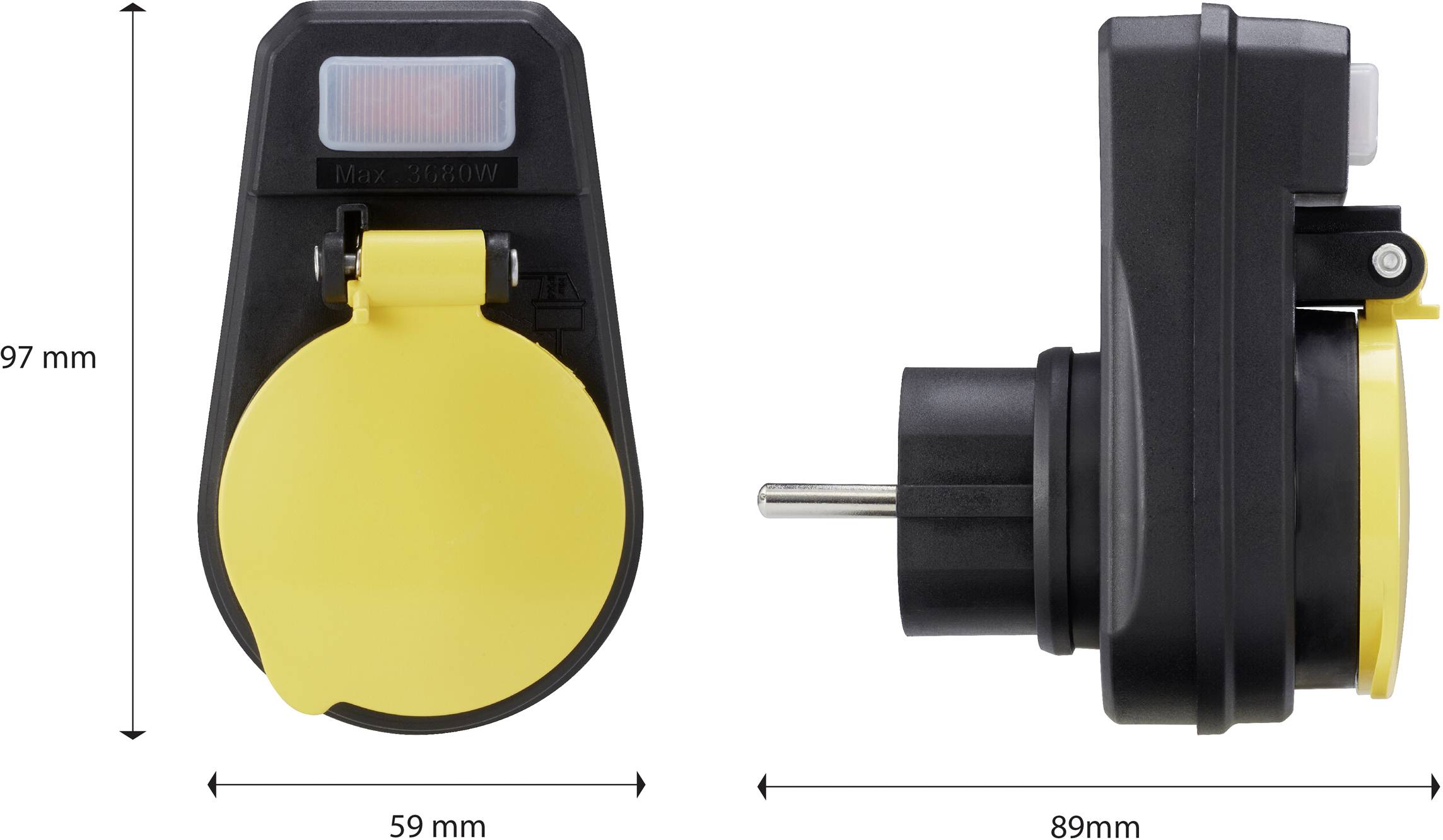 Zwei Ansichten einer schwarzen und gelben Steckdose mit Steckerschutz. Maße: 97 mm hoch, 59 mm breit frontal, 89 mm tief seitlich.