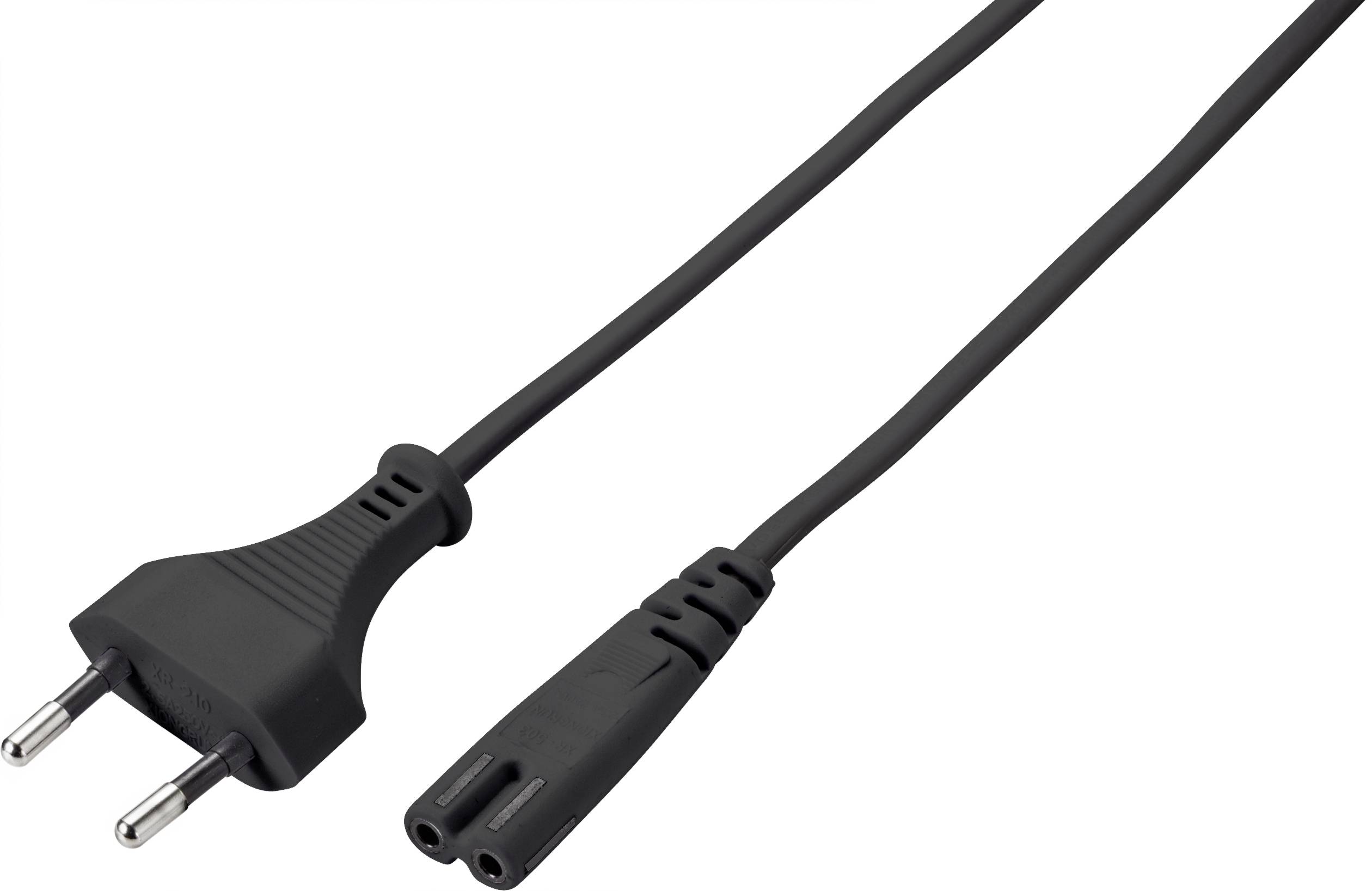 Schwarzes, zweiadriges Netzkabel mit einem Eurostecker (Typ C) und einem rechteckigen Stecker am anderen Ende. Geeignet für kleine Elektrogeräte.