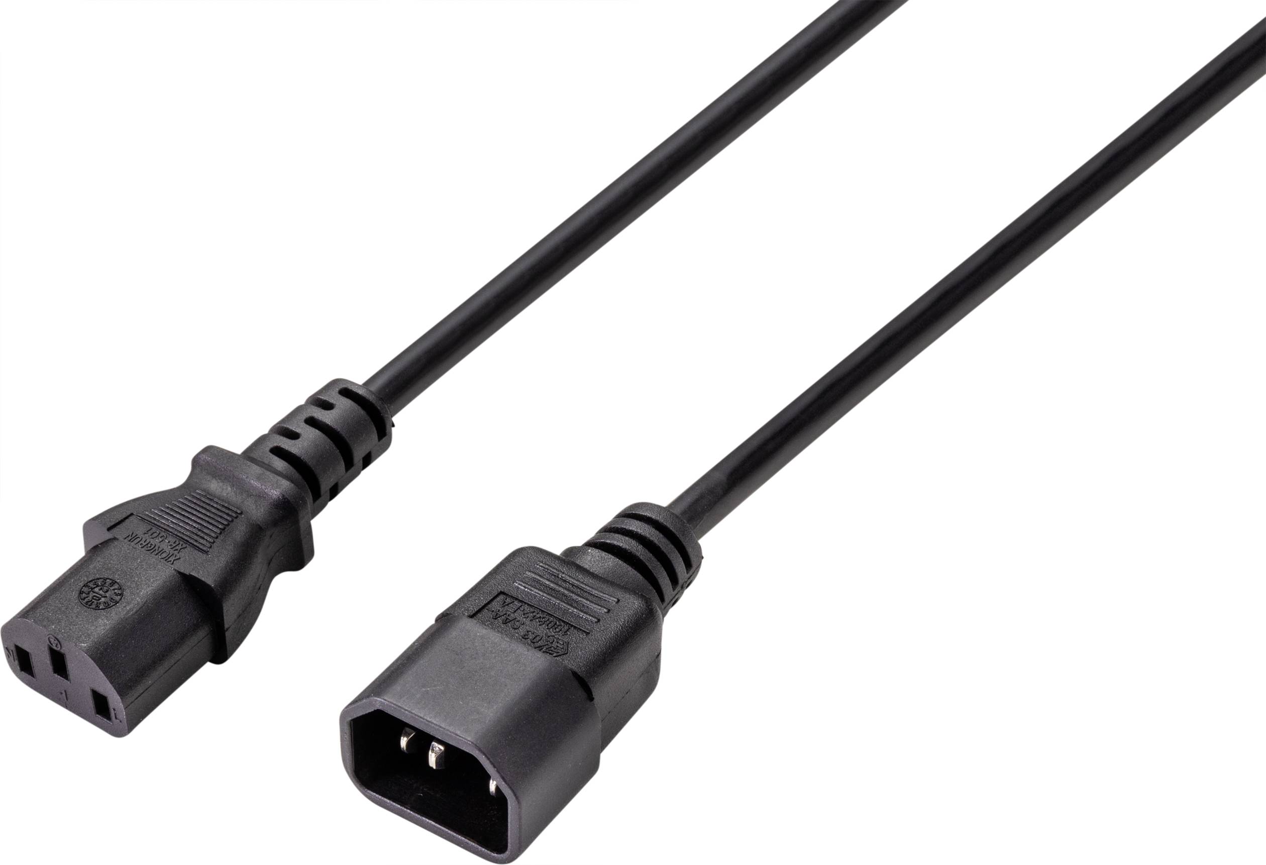 Ein schwarzes Netzkabel mit zwei Steckverbindern, einem weiblichen und einem männlichen Ende, zum Anschluss elektronischer Geräte an Stromquellen.
