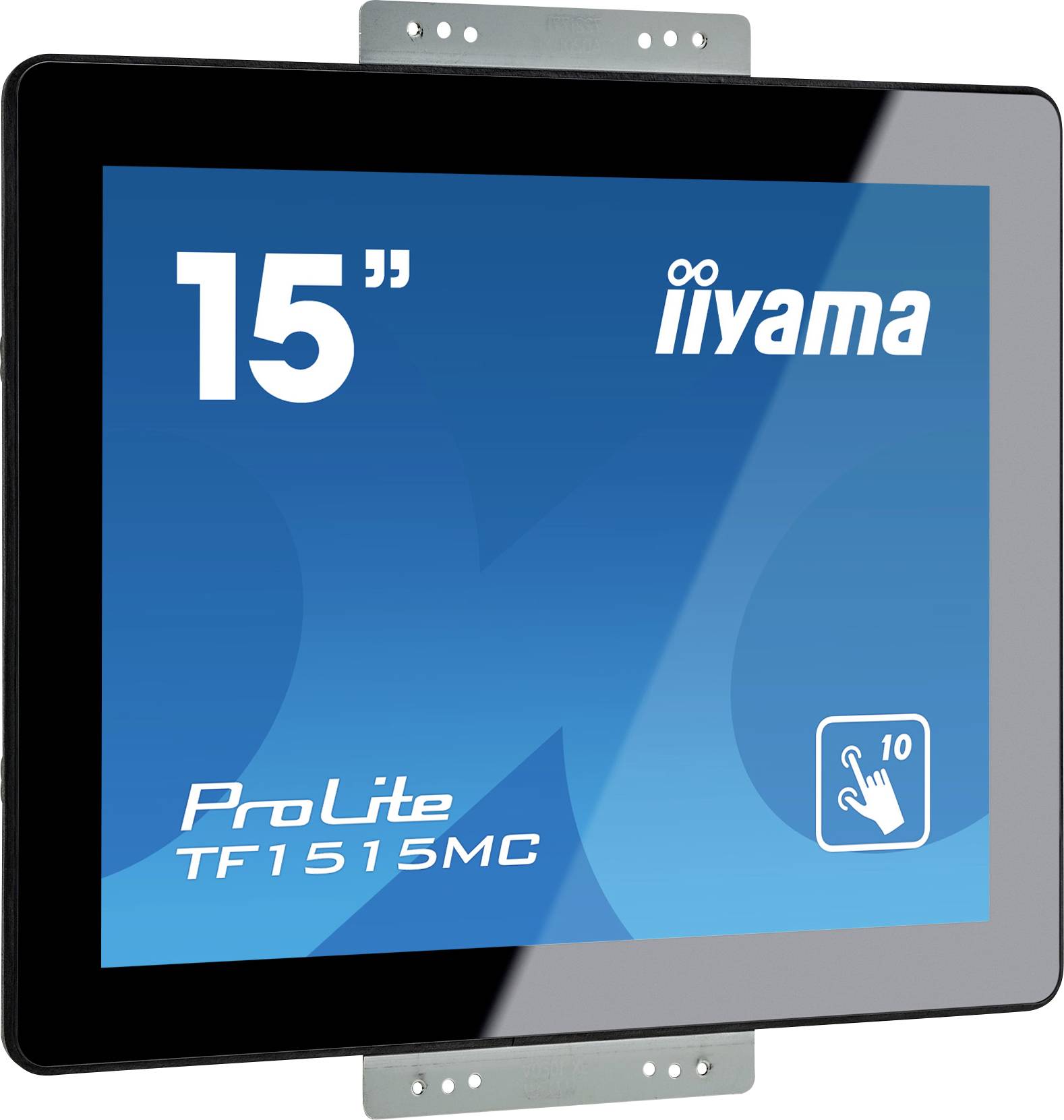 Ein 15-Zoll-Bildschirm von Iiyama, Modell ProLite TF1515MC, mit 10-Punkt-Touchfunktion, dargestellt auf blauem Hintergrund.