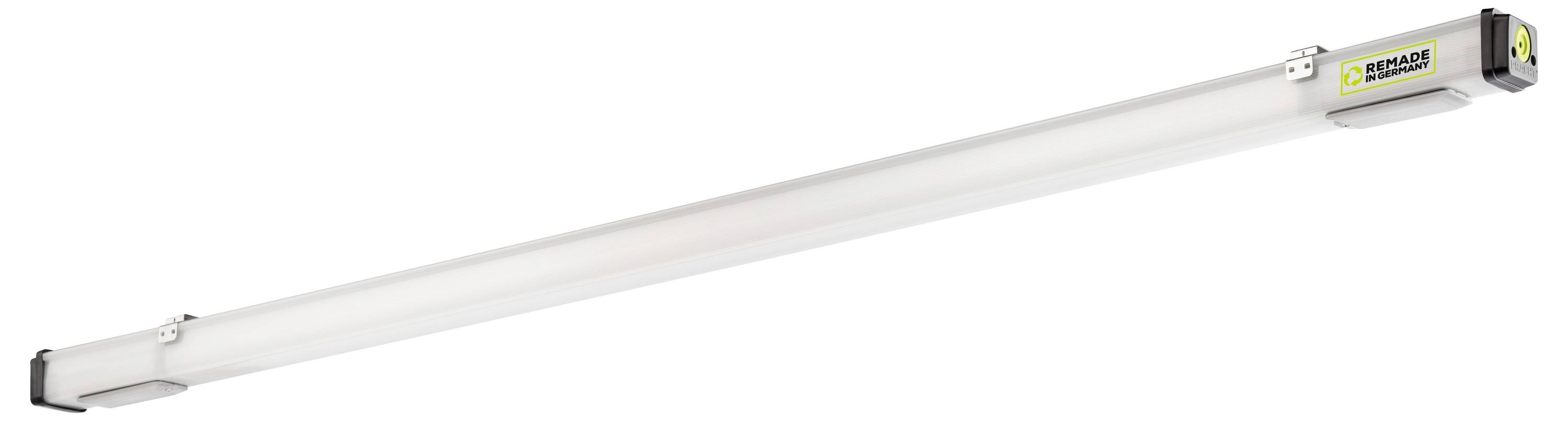 Weiße LED-Leuchtstofflampe in einem silbernen Gehäuse, horizontal ausgerichtet. Geeignet für industrielle oder gewerbliche Beleuchtung.