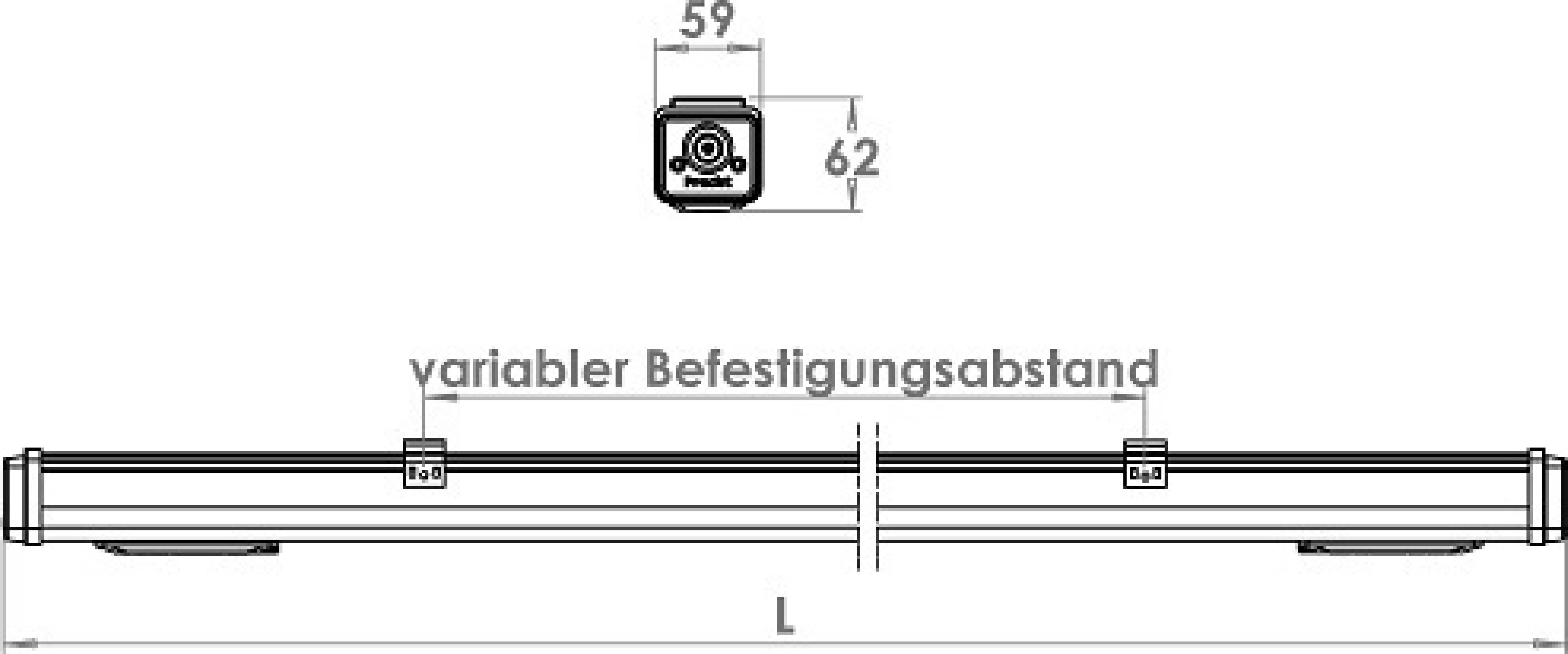 Technische Zeichnung einer Beleuchtungseinheit mit variabler Befestigungsabstand und markierten Maßen: 59 mm Breite, 62 mm Höhe.