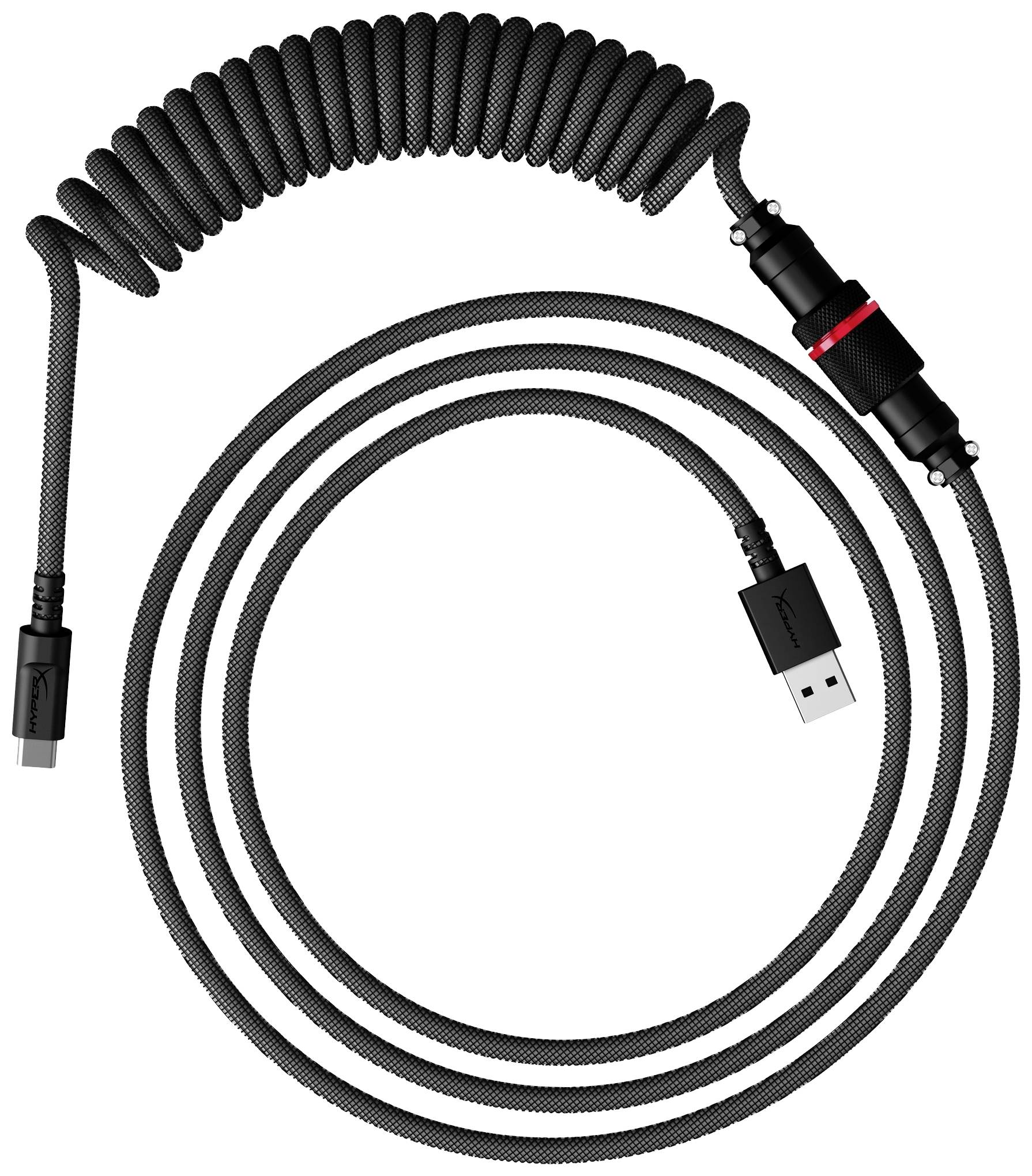 Spiral-USB-Kabel in Schwarz mit rot markiertem Stecker, geeignet für Geräteanschlüsse mit USB-Anschluss, hervorgehobene Flexibilität.