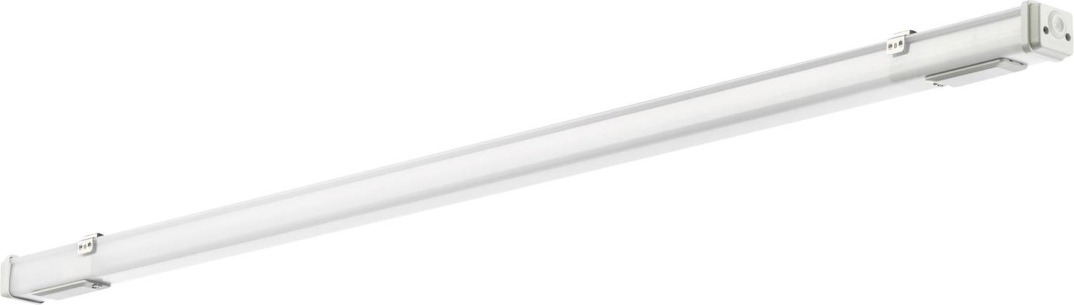 Eine lange, rechteckige LED-Leuchte mit weißem Gehäuse, geeignet für die Deckenmontage in Büros oder Werkstätten.