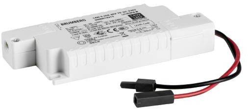 Ein rechteckiges elektronisches Gerät, möglicherweise ein LED-Treiber, mit Markenetikett und zwei angeschlossenen schwarzen und roten Drähten.