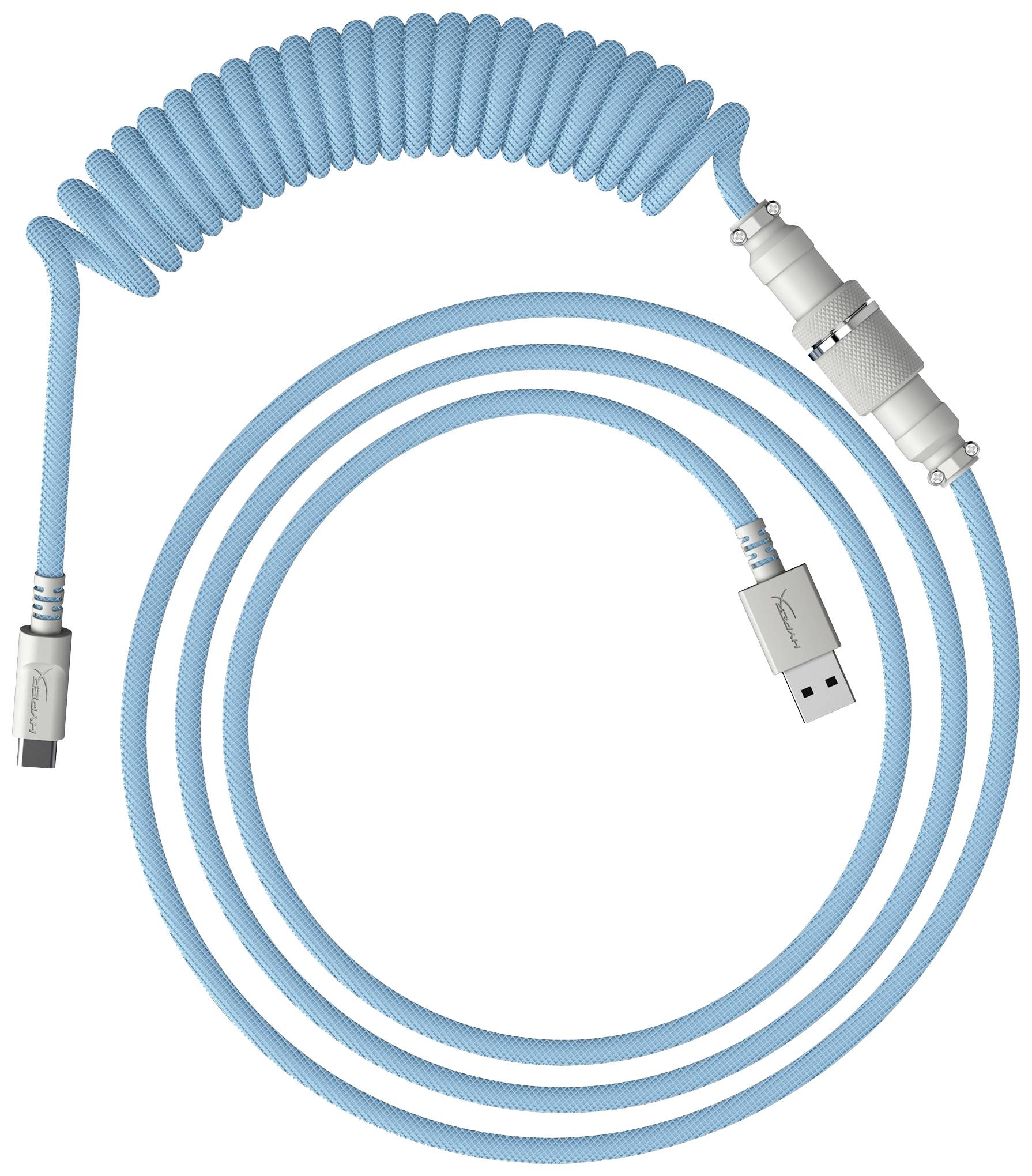 Ein hellblaues Spiral-USB-C-Kabel mit robustem, geflochtenem Design und silbernen Steckern. Ideal zum Aufladen und zur Datenübertragung.