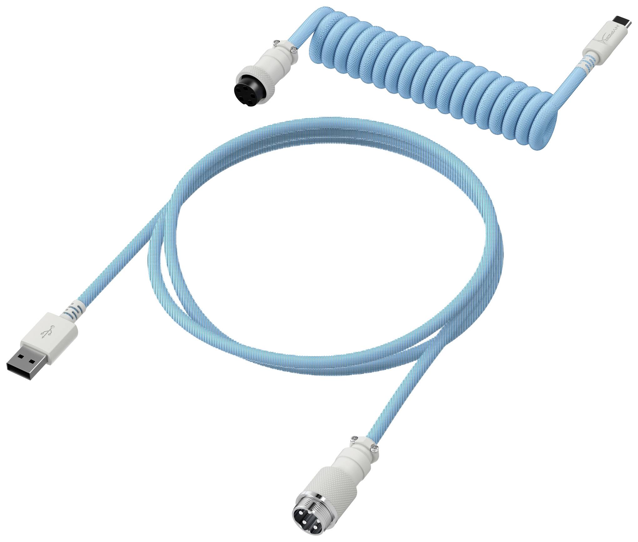 Ein blaues, spiralförmiges USB-Kabel mit einem USB-Stecker und einem PS/2-Stecker an den Enden, ausgelegt als Verbindungskabel.