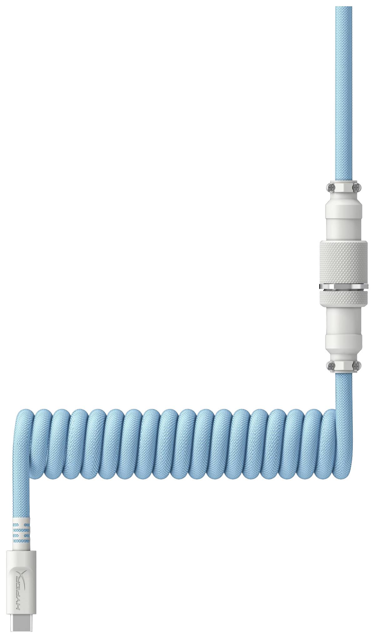 Ein blau-weißes, spiralförmiges USB-Kabel mit abnehmbaren Steckverbindern, dargestellt vor einem weißen Hintergrund.