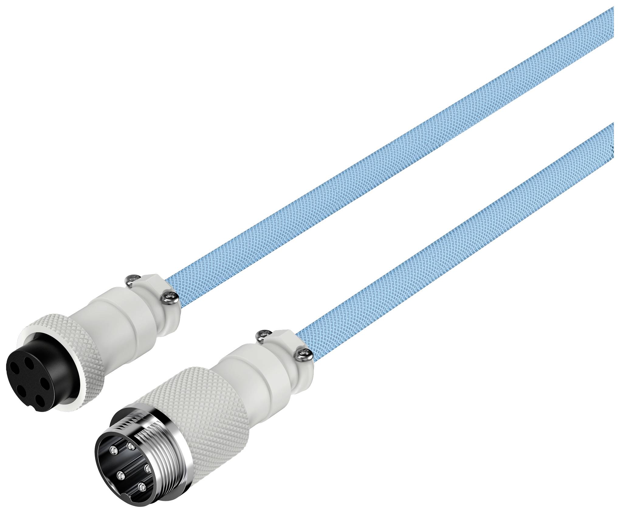 Zwei blaue Kabel mit Steckverbindern, einer mit weiblichem und einer mit männlichem Anschluss, geeignet für technische Anwendungen.