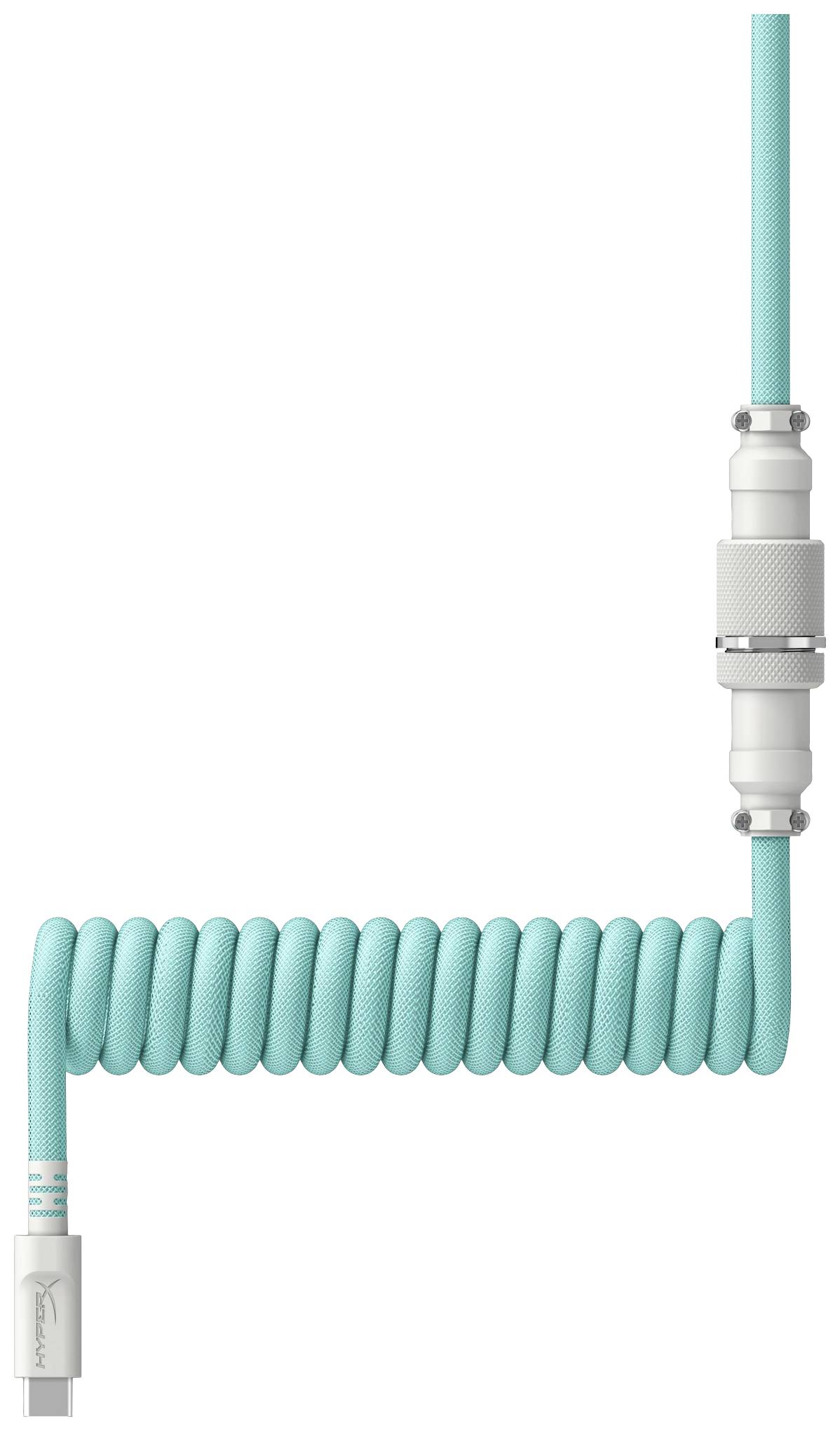 Ein türkisfarbenes, spiralförmiges USB-Kabel mit grauem Steckverbinder und Metallverschluss, das in einem rechten Winkel abgebogen ist.