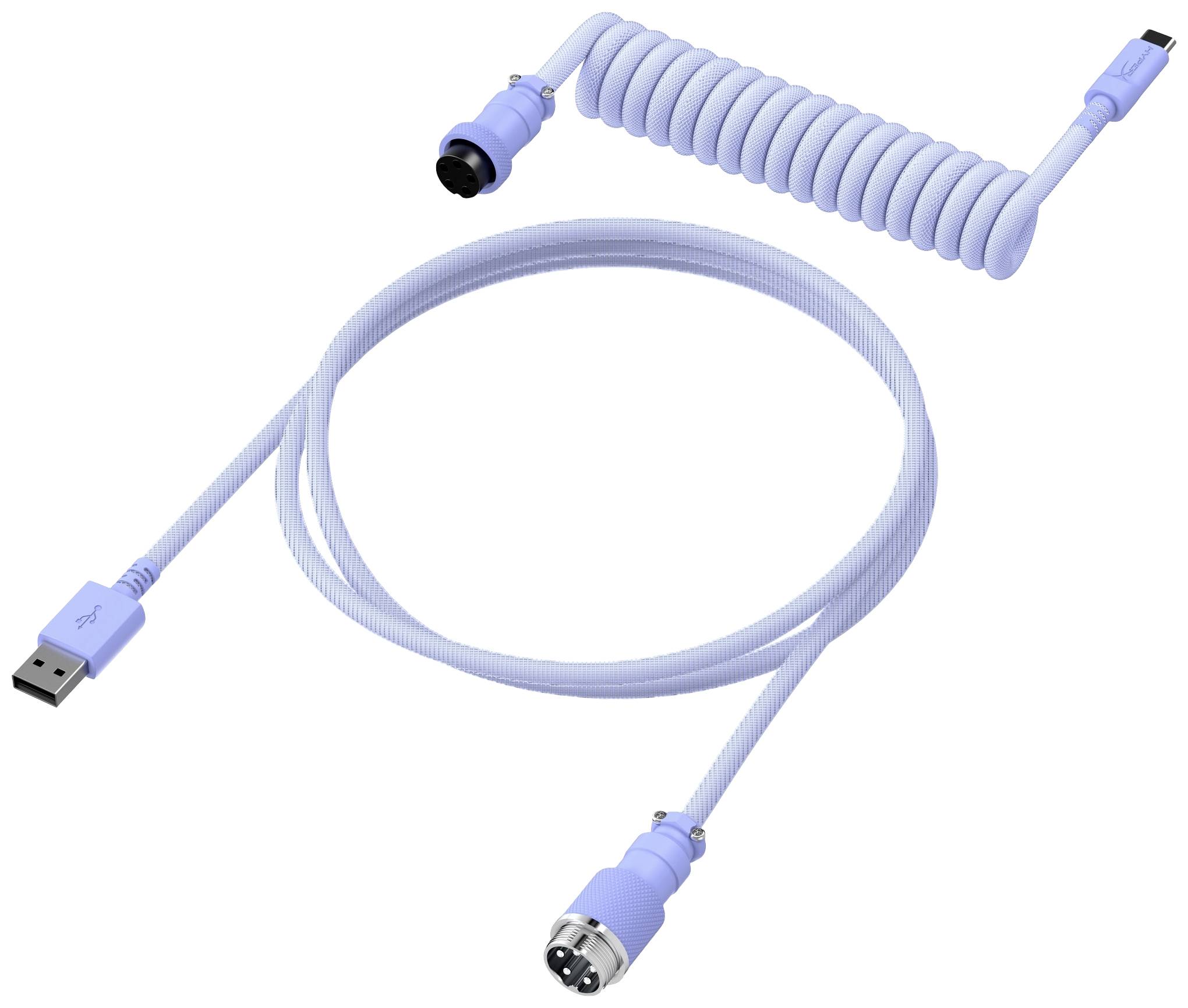 Lila Spiral-USB-Kabel mit USB-A- und 5-poligem DIN-Stecker. Flexibel für verschiedene Verbindungsanforderungen.