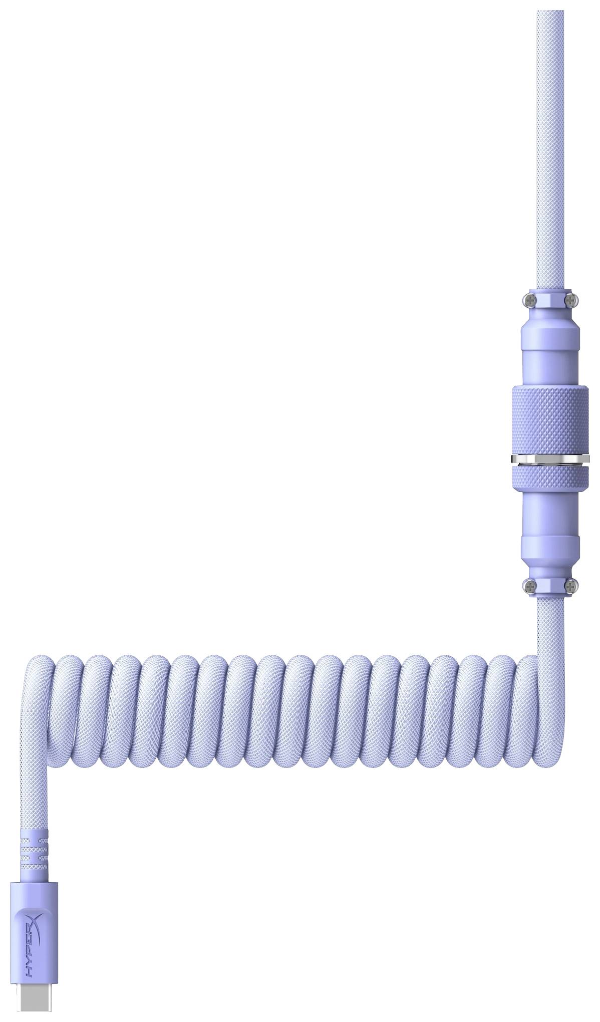 Ein hellblaues, spiralgewickeltes Kabel mit USB-C-Stecker zeigt eine Biegung und eine Verbindung in der Mitte.
