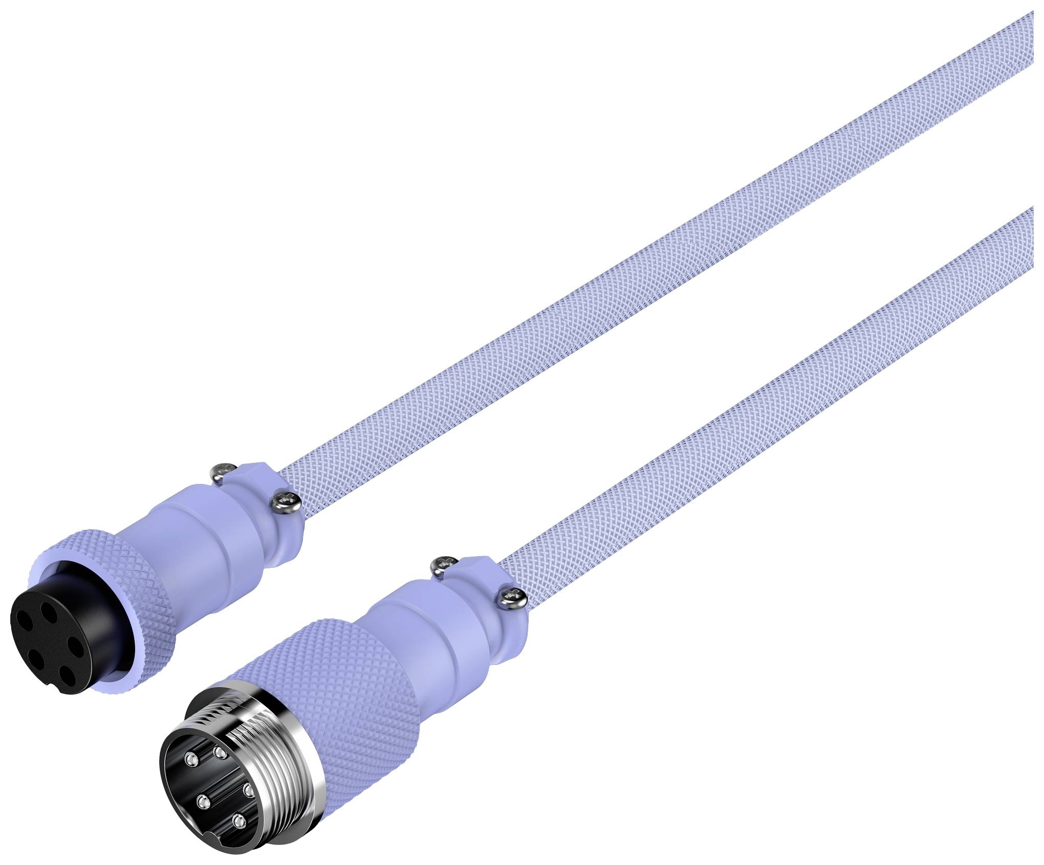 Zwei blaue Rundsteckverbinder mit Metallgewinde und Kabel. Links: Buchse mit vier Löchern. Rechts: Stecker mit vier Stiften.