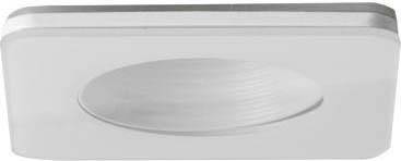 Ein rechteckiger, weißer Einbaustrahler mit einem runden, eingesenkten Lichtelement in der Mitte. Geeignet zur Deckeninstallation.