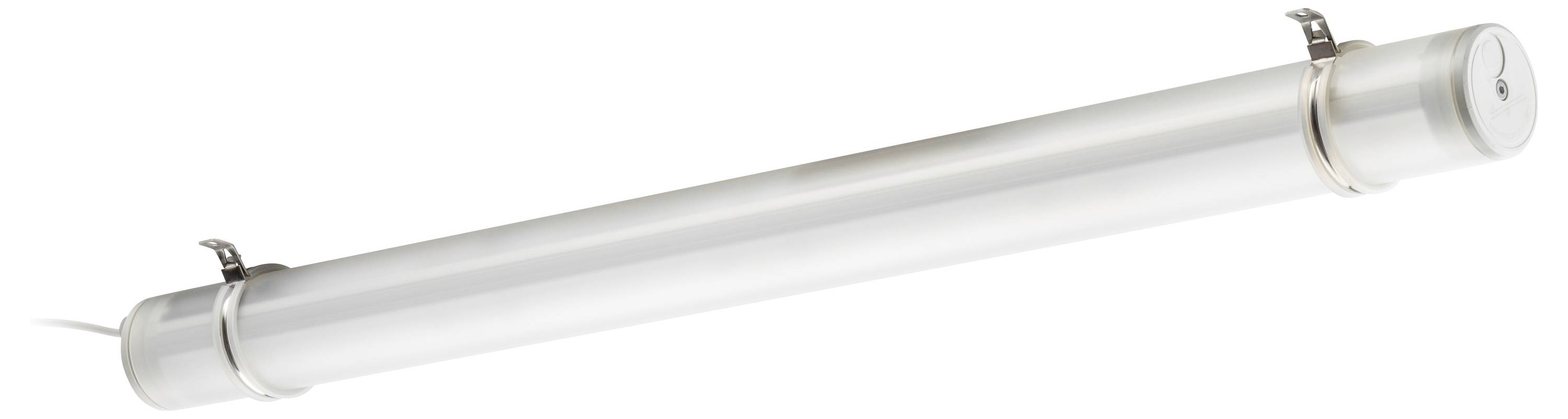 Ein stabförmiges LED-Licht in einem robusten, wasserfesten Gehäuse mit Montageklammern auf beiden Seiten, geeignet für Außenanwendungen.