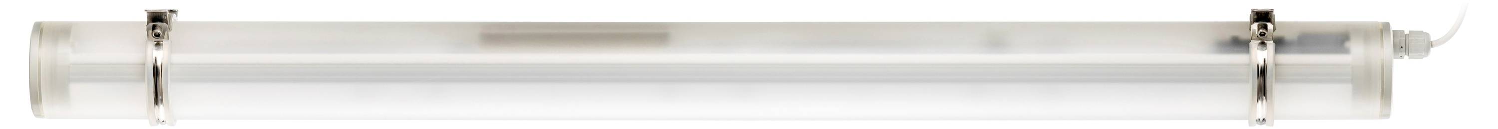 Eine lange, transparente Leuchtstofflampe mit Befestigungsclips an beiden Enden.