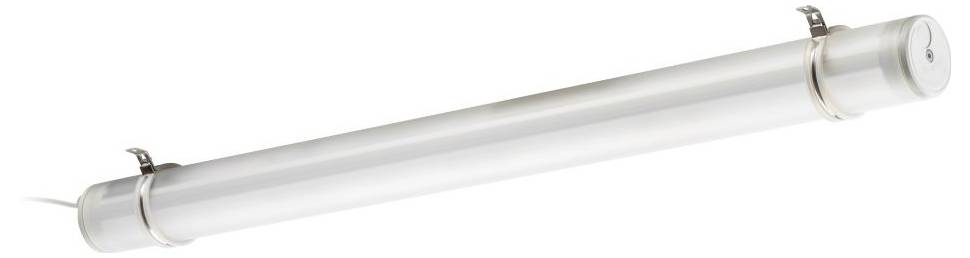 Weißes, längliches LED-Leuchtmittel mit zwei Halterungen an den Enden zur Installation. Geeignet für helle, gleichmäßige Ausleuchtung.