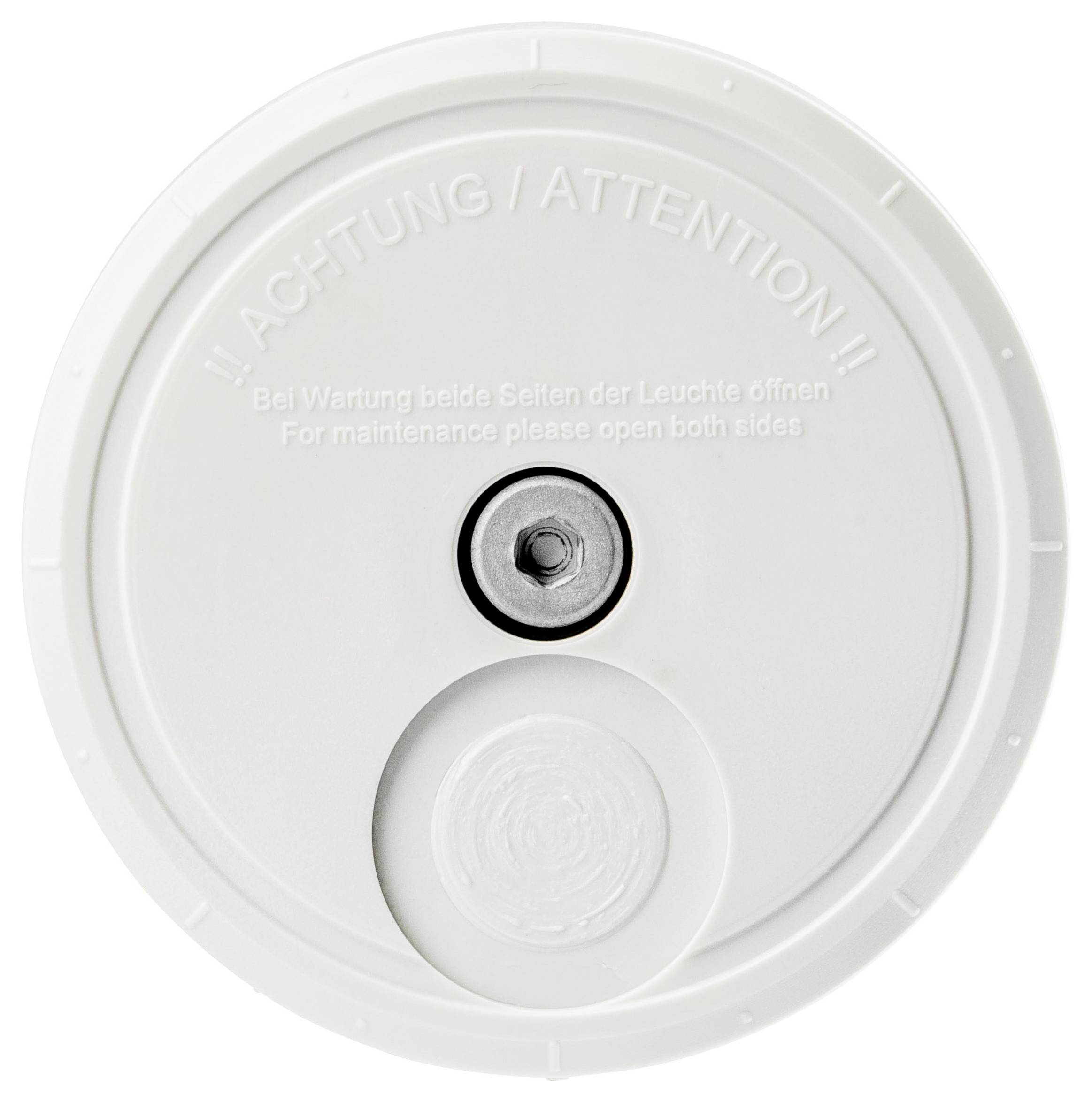 Deckel mit Warnhinweis: Bei Wartung beide Seiten der Leuchte öffnen. ACHTUNG/ATTENTION!