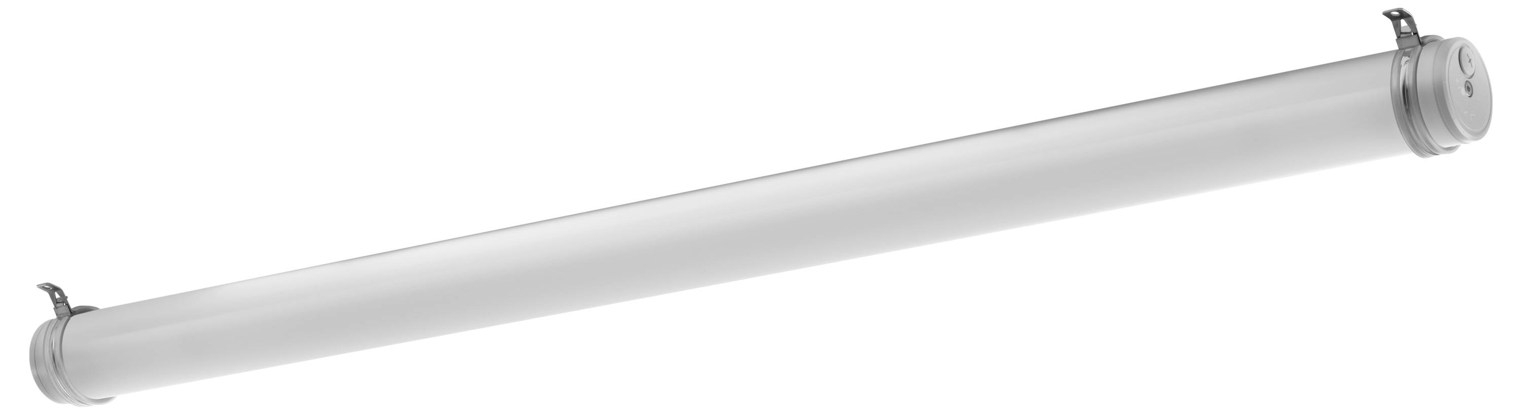 Eine weiße, zylindrische LED-Leuchte, horizontal montiert, mit Befestigungselementen an beiden Enden. Geeignet für industrielle Anwendungen.