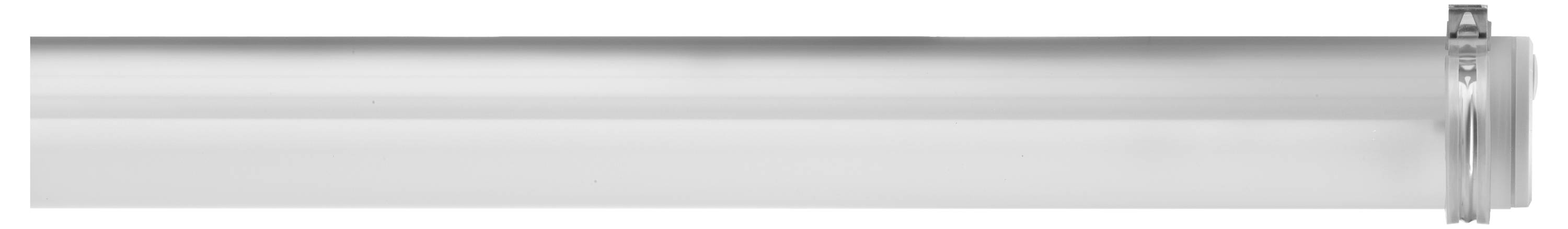 Leuchtstoffröhre, horizontal ausgerichtet, silbrig-weiße Farbe, endet mit einer Metallkappe auf der rechten Seite.