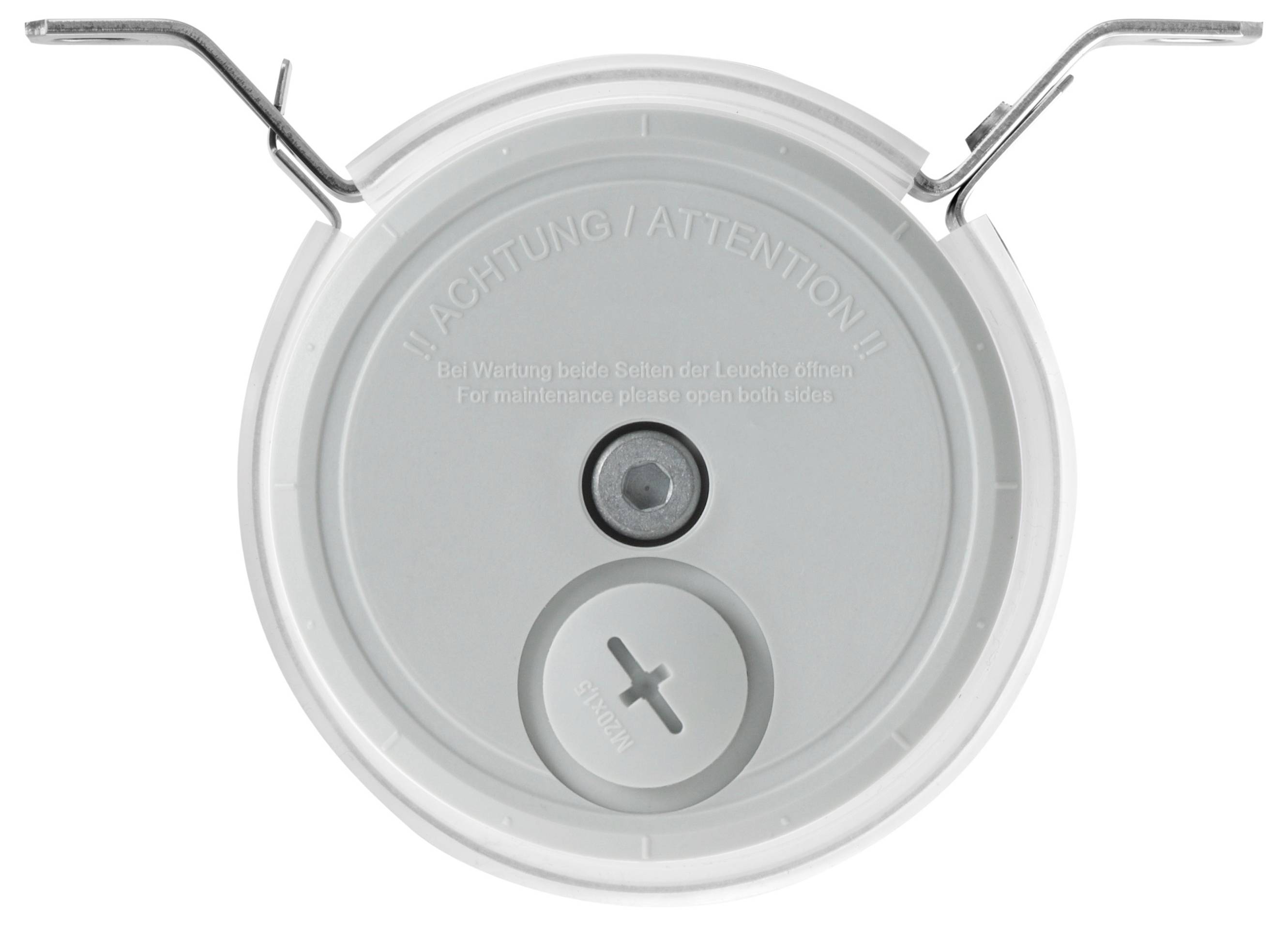 Eine runde Lampenfassung mit der Aufschrift 'Achtung/Attention' und einer abnehmbaren Abdeckung, die für Wartungszwecke gelöst werden kann.