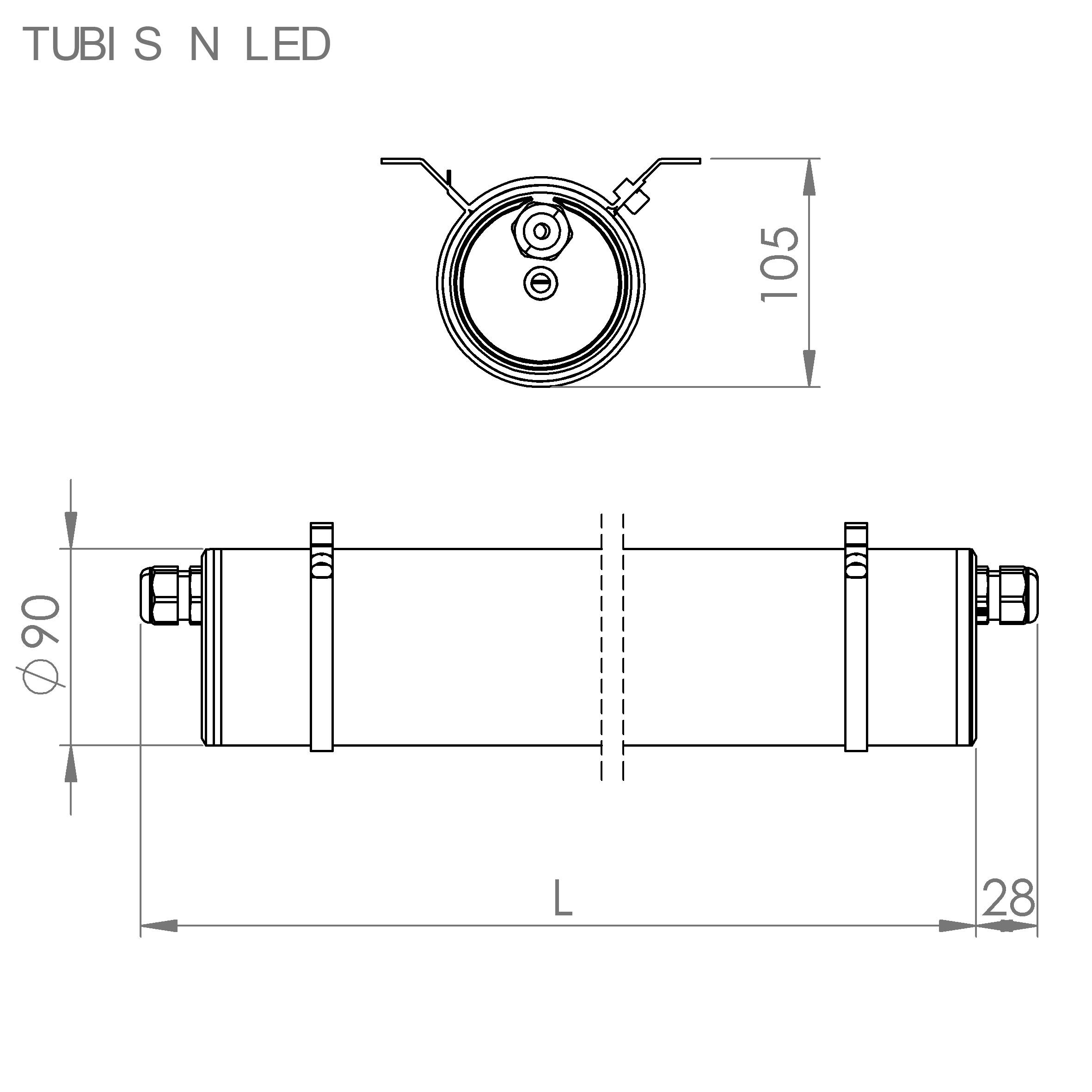 'Technische Zeichnung eines LED-Lichts Tubi S N' zeigt Abmessungen: Ø90, Höhe 105, und Breite L. Seitenansicht mit Befestigungselementen.