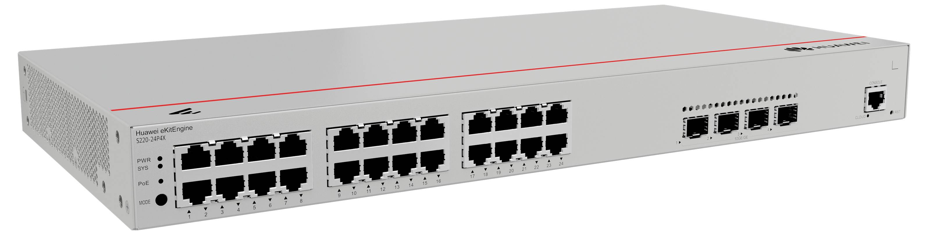 Ein grauer Netzwerk-Switch mit mehreren Ethernet-Ports und zwei Lüftungsgittern an den Seiten. Hauptsächlich für IT-Infrastrukturen geeignet.