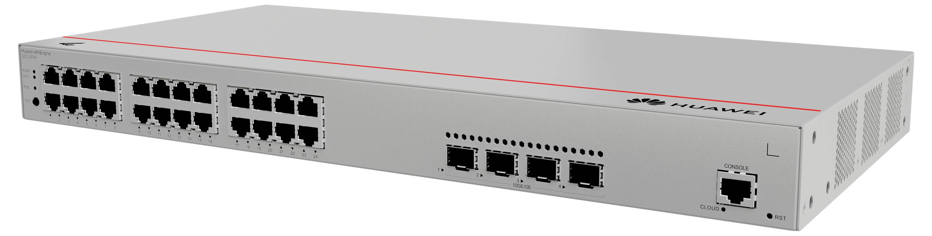 Ein grauer Netzwerk-Switch mit mehreren Ethernet-Ports und Glasfaseranschlüssen auf der Vorderseite, geeignet für IT-Infrastruktur.