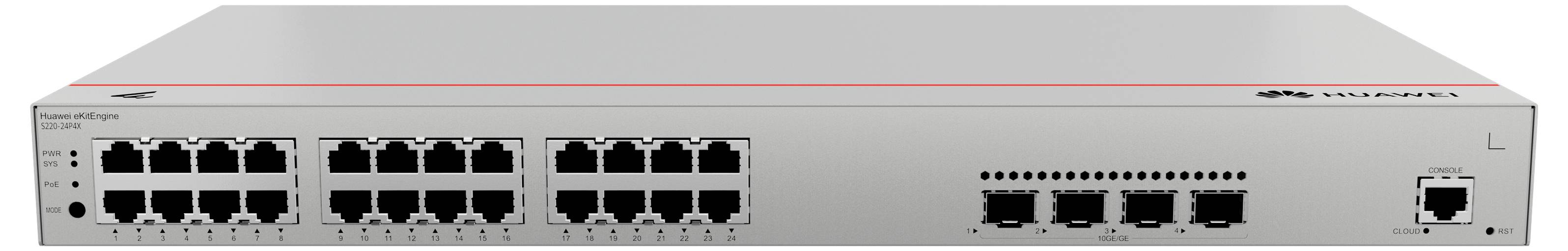 Ein Netzwerk-Switch mit 24 Ethernet-Ports und zusätzlichen Glasfaseranschlüssen zeigt die Vorderseite eines grauen Gehäuses.