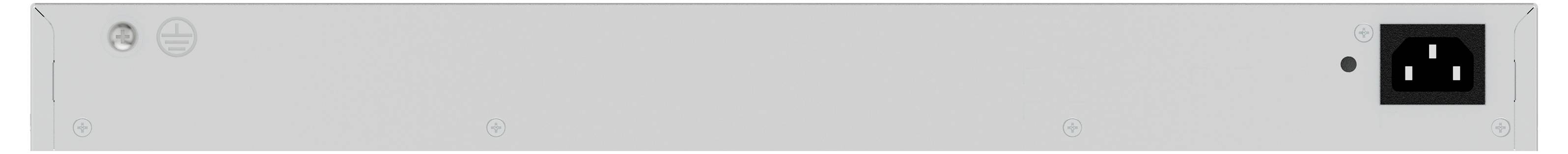 Ein graues, rechteckiges Rackmontage-Gerät mit einem Netzkabelanschluss und einem Knopf auf der linken Seite.