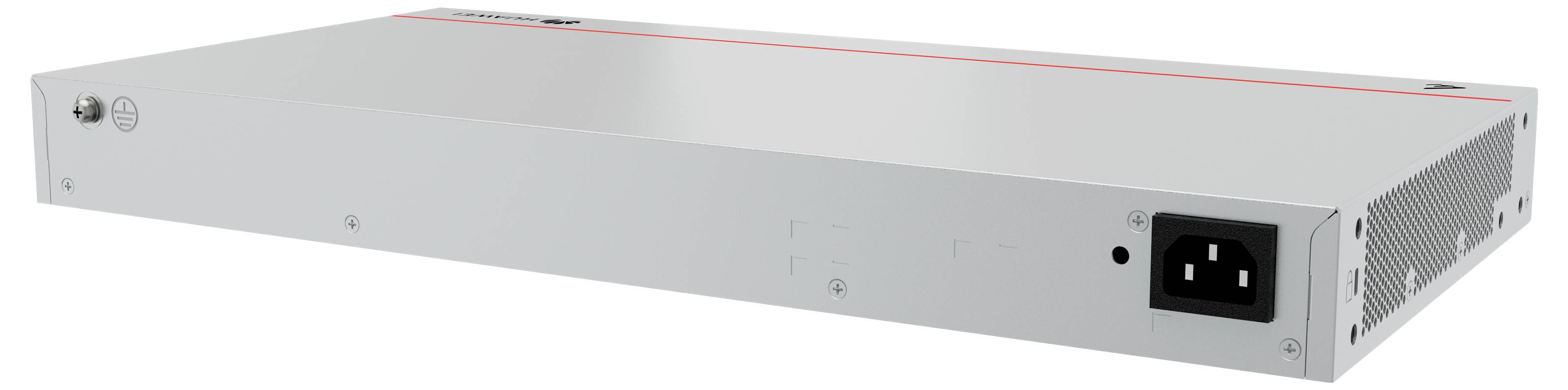 Ein silbernes Rackmount-Gerät mit Lüftungsschlitzen und einem Stromanschluss auf der Rückseite.