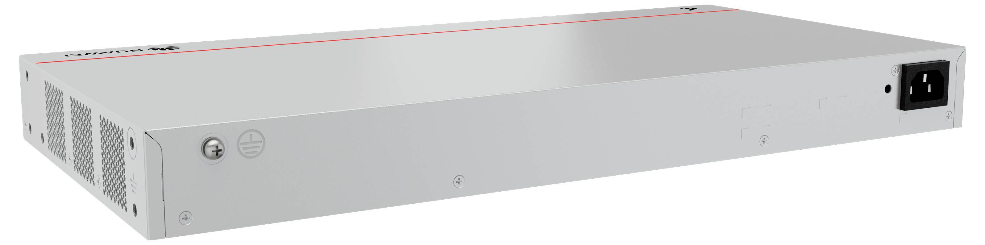 Ein silbernes Rackmount-Gerät mit Lüftungsschlitzen und einem Stromanschluss. Geeignet für den Einsatz in Netzwerksystemen.