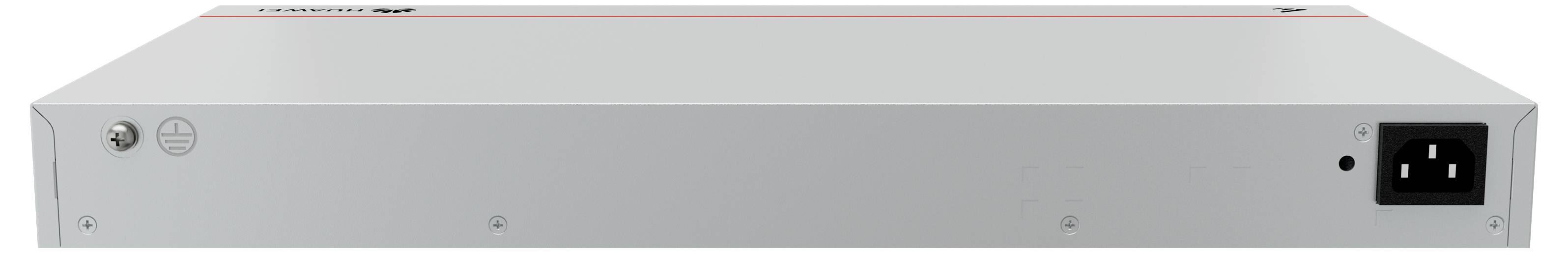 Ein silbernes elektronisches Gerät in rechteckiger Form. Es hat einen Stromanschluss rechts und ist auf einer neutralen Oberfläche platziert.