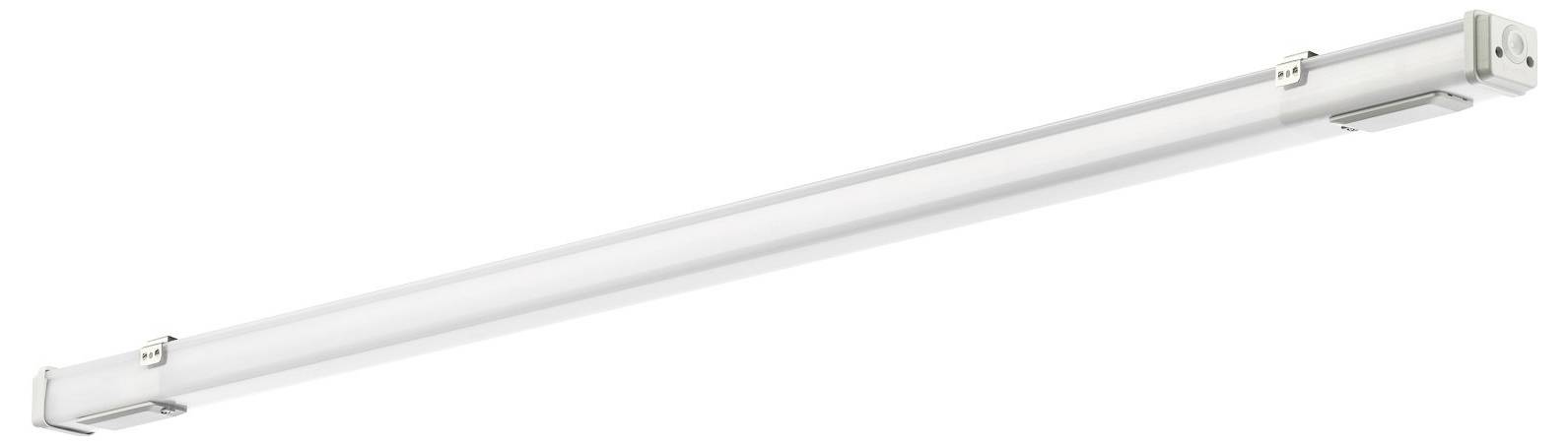 Ein weißes LED-Langfeldleuchtmittel mit klaren Abdeckungen an beiden Enden, geeignet für die Deckenmontage in Innenräumen.