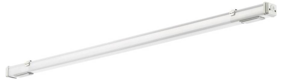 Lange, weiße LED-Leuchte mit silbernen Enden, geeignet für Deckenmontage in Büros oder Industrieumgebungen.