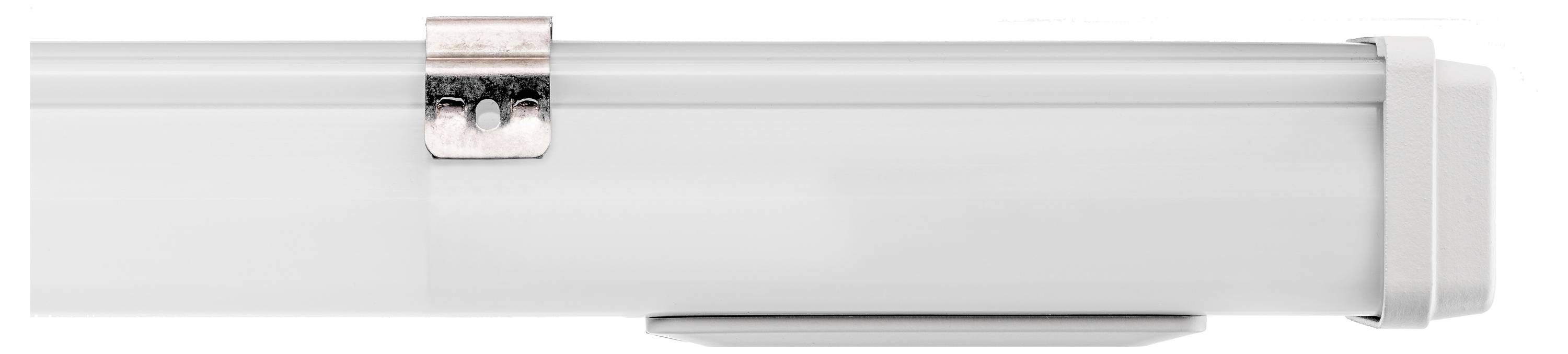 Ein länglicher, weißer Gegenstand mit einem silbernen Clip an der Oberseite, möglicherweise ein Teil eines Gehäuses oder einer Abdeckung.