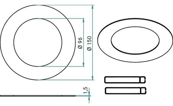 Technische Zeichnung eines runden Objekts mit Durchmessern von 150 mm und 96 mm, Höhe 1,5 mm. Enthält zwei rechteckige Formen.