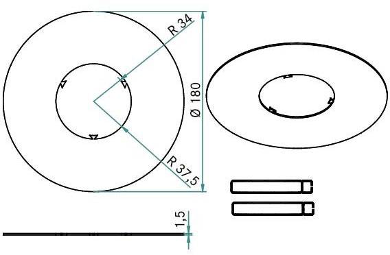 Technische Zeichnung eines Rings mit einem äußeren Radius von 37,5 und einem inneren Radius von 34. Seitliche Ansicht zeigt eine Dicke von 1,5.