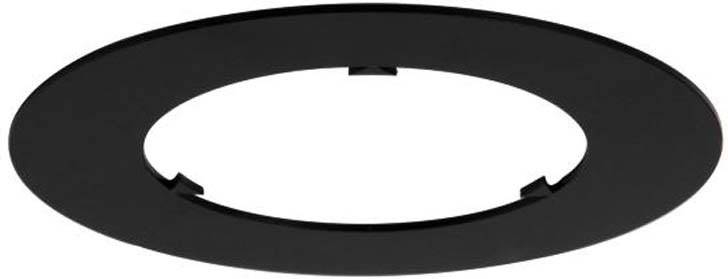 Schwarze runde Abdeckplatte mit zentraler Öffnung, wahrscheinlich Zubehörteil für Beleuchtung oder ähnliches Gerät.