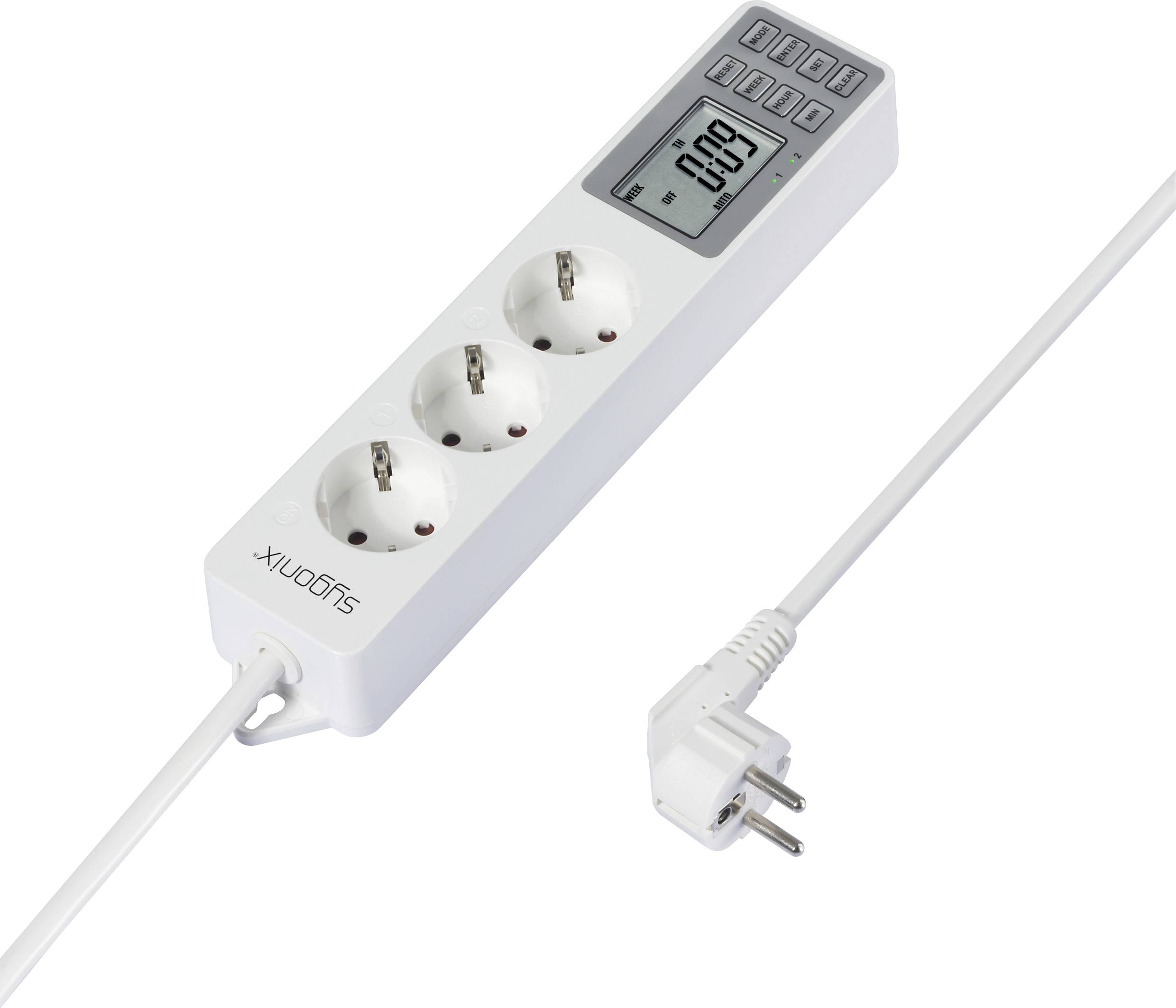Eine weiße Steckdosenleiste mit drei Steckplätzen und einem digitalen Display zur Anzeige des Energieverbrauchs.